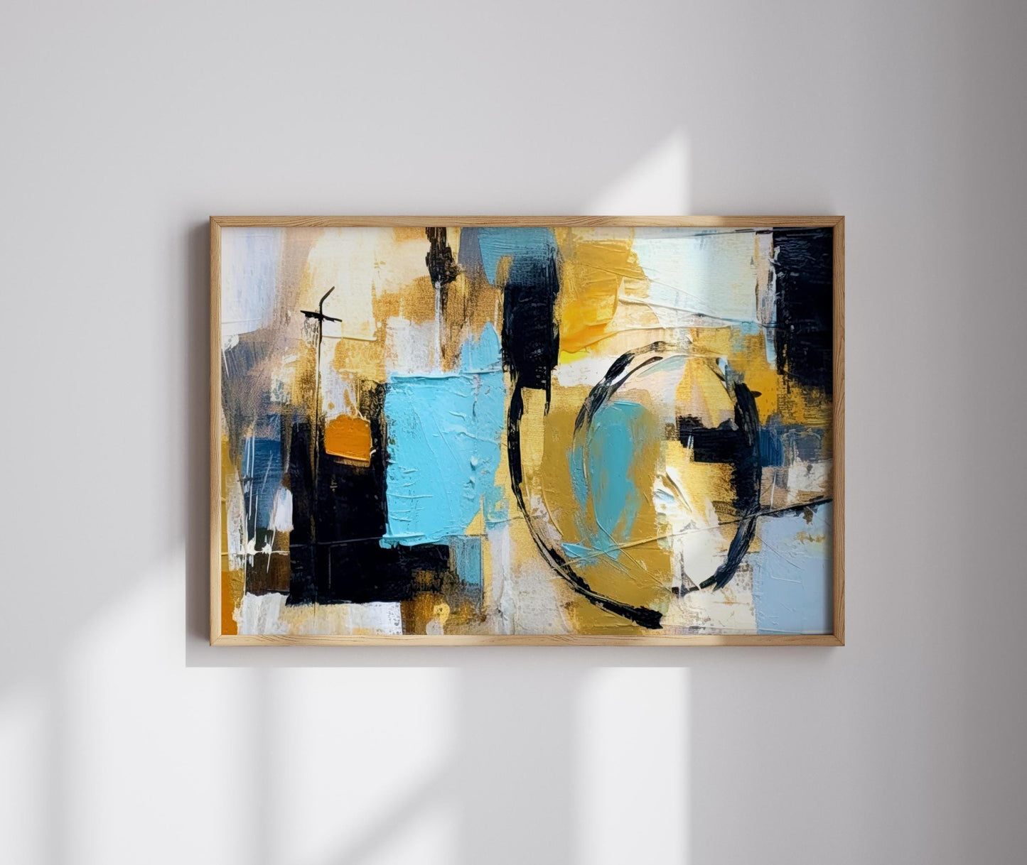 Blue Graffiti Abstract Canvas Wall Art or poster print. Vibrant blue yellow and black contemporary textured painting printed. Large picture