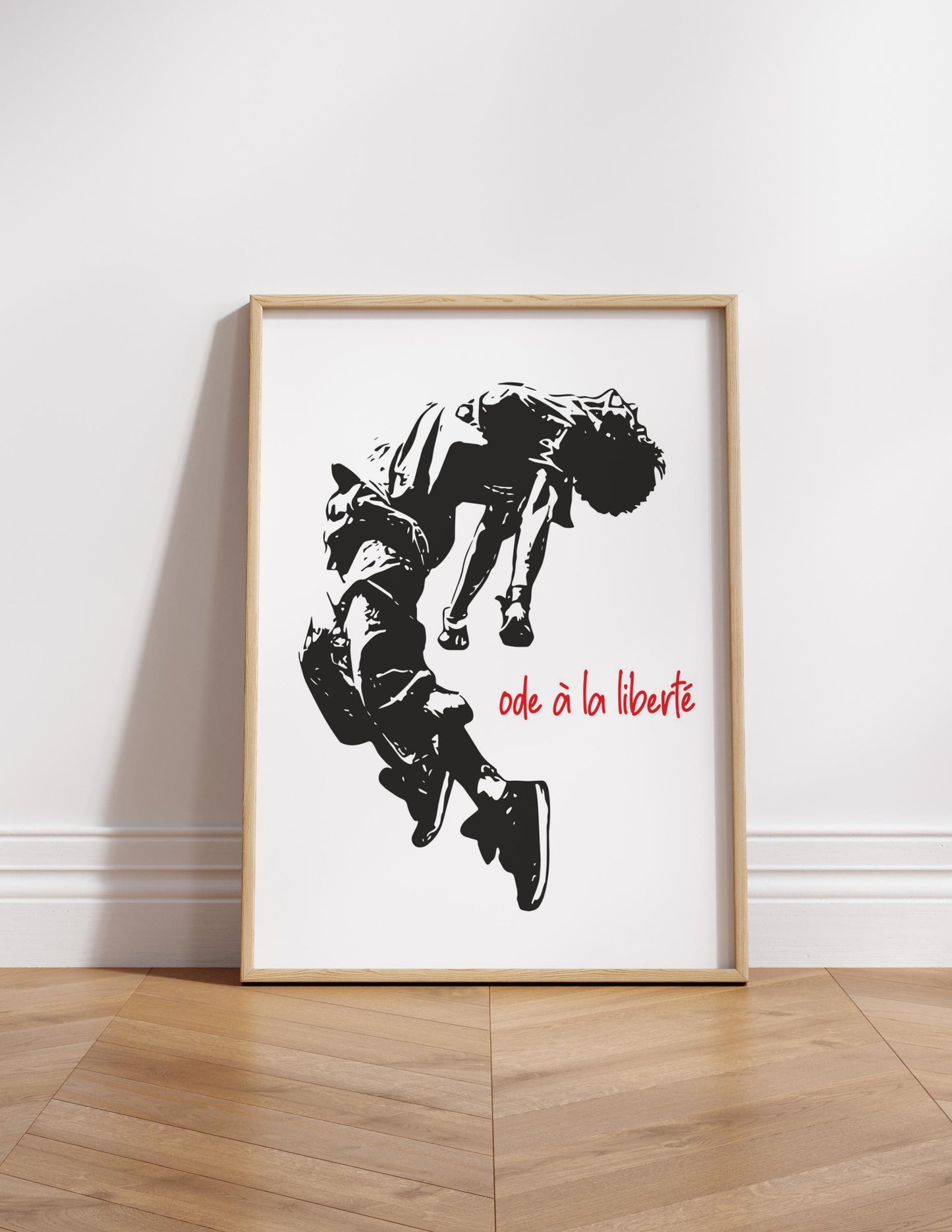 Ode a la Liberte graffiti canvas wall art or poster print for modern decor. Freedom themed illustration. Urban picture, Banksy street art, student gift. Black, white and red graphic design of young man jumping.