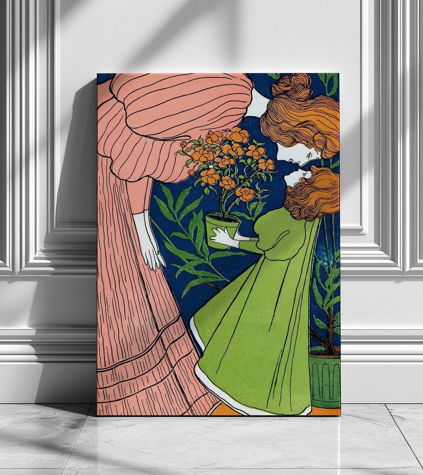 Mother Daughter Wall Art Print or Canvas – Folk Art Style Mother in Striped Green Dress with Daughter. Art Nouveau gift for mother daughter