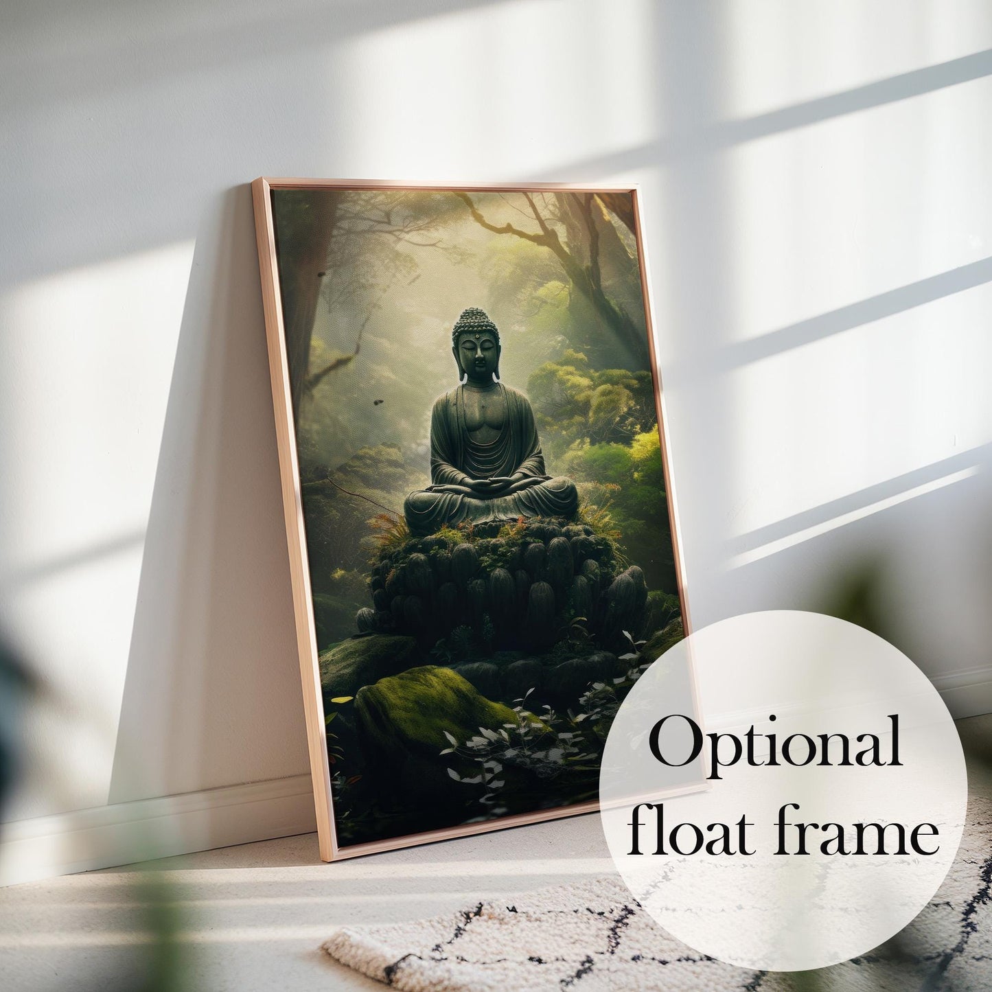 a framed painting of a Buddha statue sitting in a lush, green forest setting.