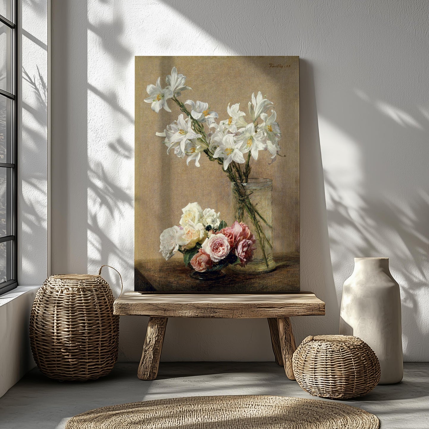 Vintage roses lilies flowers canvas wall art or poster print for Mother's Day gift. Mum bedroom picture, present for Mom. Victorian painting