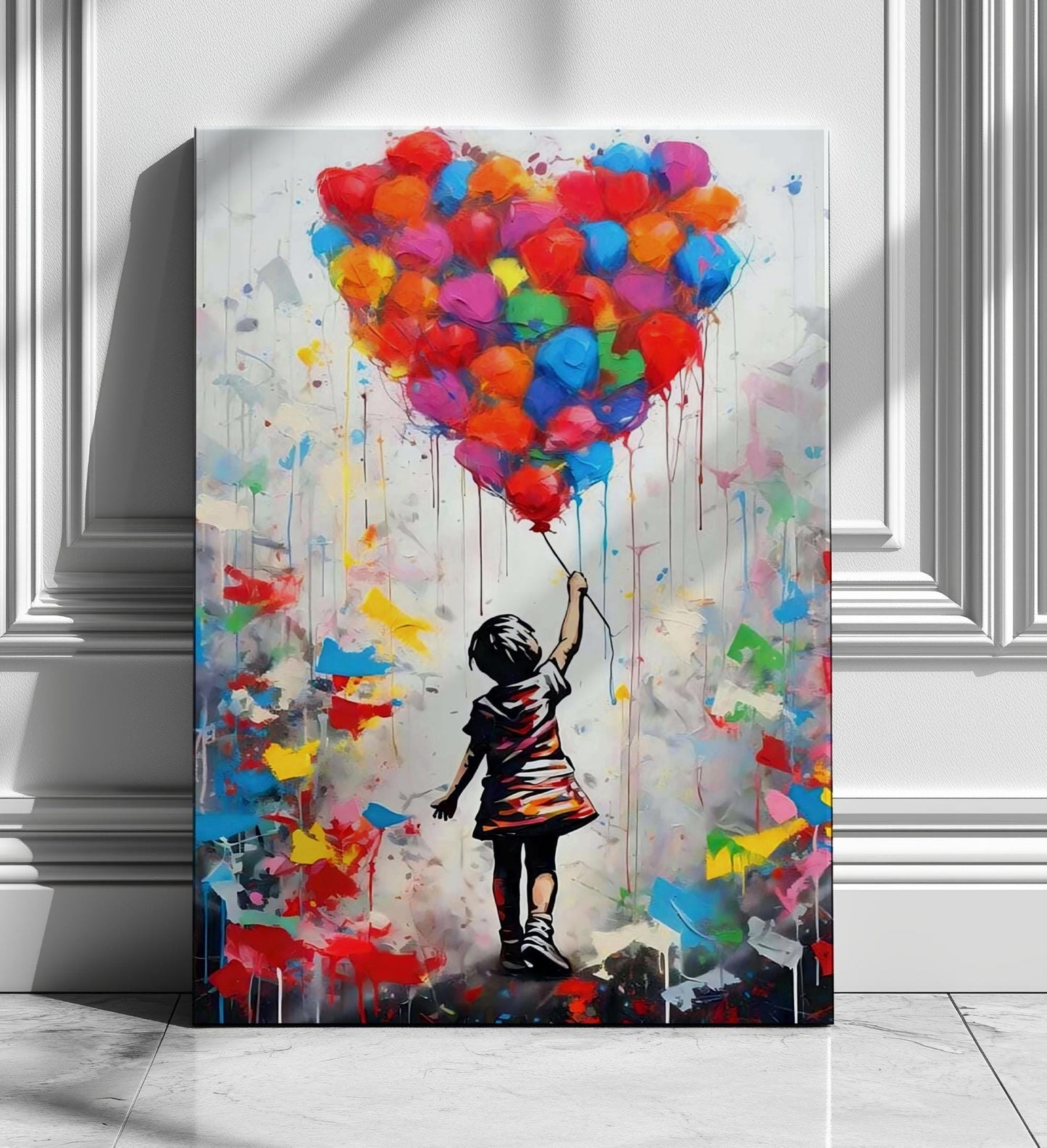 Set of two Banksy-style graffiti prints featuring a girl with a balloon and a boy in a hot air balloon. Vibrant street art with bold colours, perfect for modern interiors and contemporary wall decor. Large framed canvases ideal for home decoration, blending nostalgia with an urban, artistic twist. A striking choice for lovers of graffiti prints and vibrant paintings.