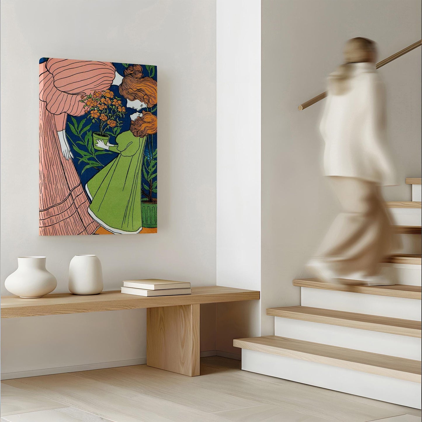 Mother Daughter Wall Art Print or Canvas – Folk Art Style Mother in Striped Green Dress with Daughter. Art Nouveau gift for mother daughter
