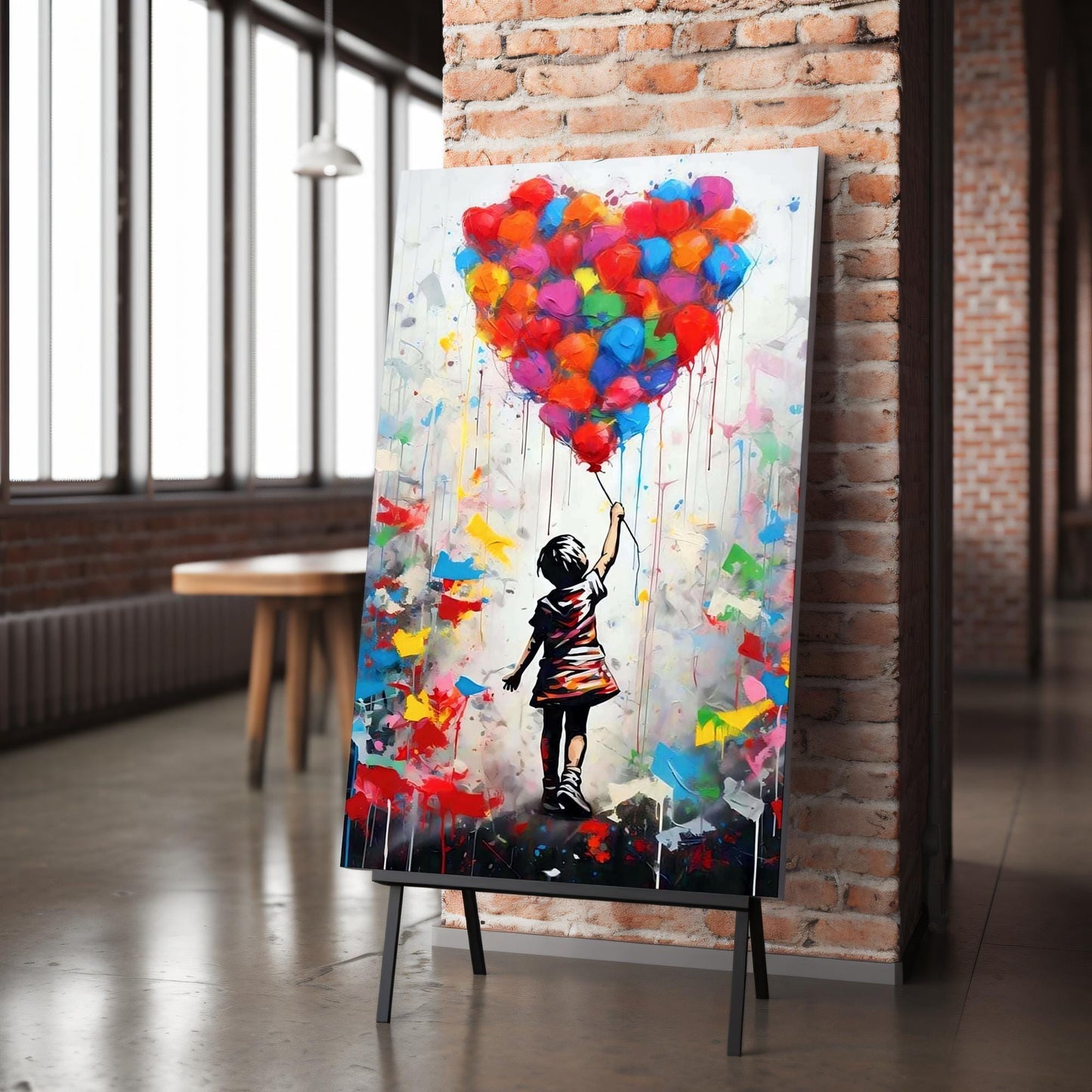 Set of two Banksy-style graffiti prints featuring a girl with a balloon and a boy in a hot air balloon. Vibrant street art with bold colours, perfect for modern interiors and contemporary wall decor. Large framed canvases ideal for home decoration, blending nostalgia with an urban, artistic twist. A striking choice for lovers of graffiti prints and vibrant paintings.