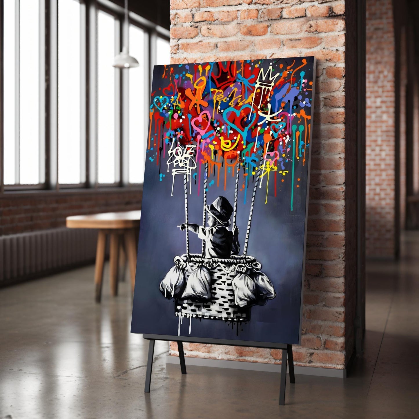 Set of two Banksy-style graffiti prints featuring a girl with a balloon and a boy in a hot air balloon. Vibrant street art with bold colours, perfect for modern interiors and contemporary wall decor. Large framed canvases ideal for home decoration, blending nostalgia with an urban, artistic twist. A striking choice for lovers of graffiti prints and vibrant paintings.