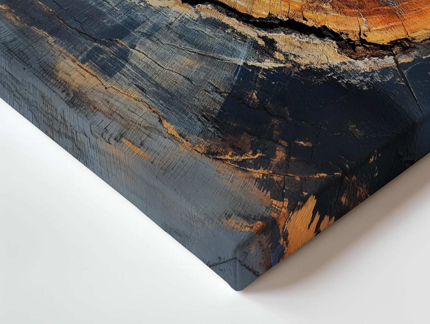 a close up of Tree ring canvas wall art with rich amber, charcoal, and natural wood tones. This abstract forest stump canvas adds warmth to neutral decor, perfect for minimalist home decoration, gallery walls, and museum-quality large prints