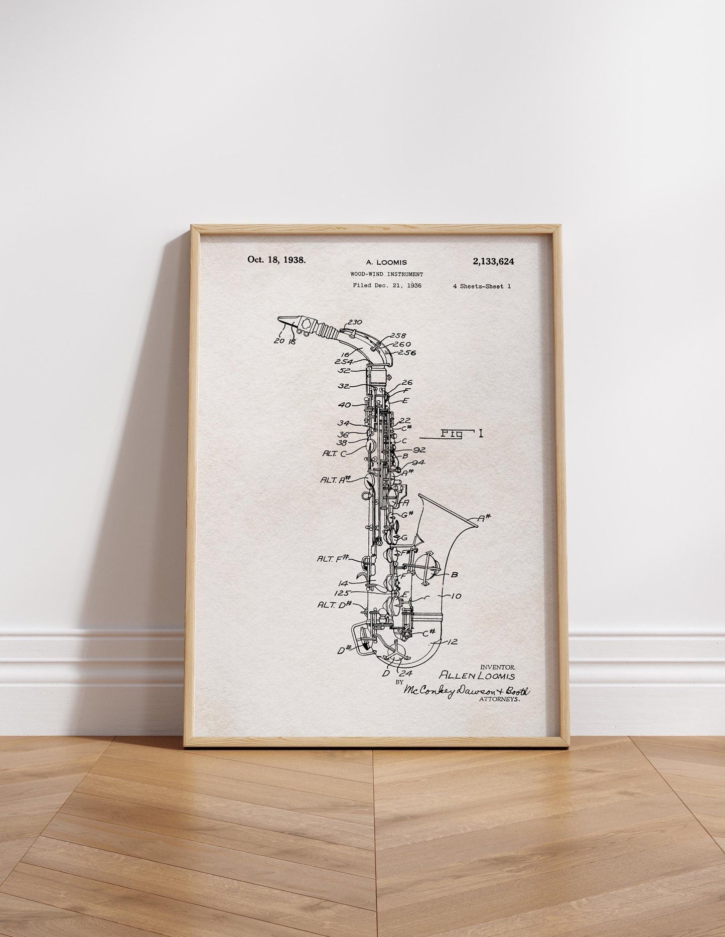 Saxophone blueprint art print or canvas wallart for musician. Quirky picture for sax player, saxophonist, musical instrument birthday gift