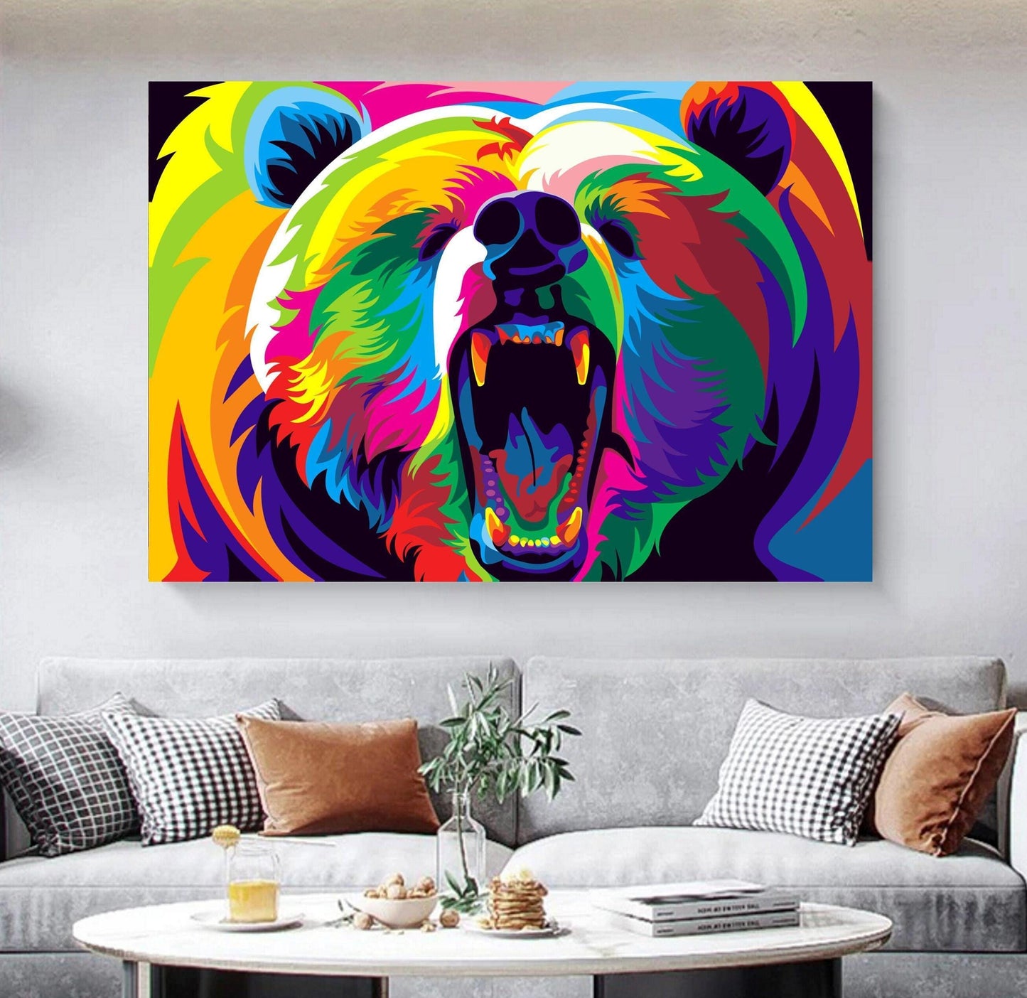 Colourful Abstract Bear Canvas Printed Wall Art Poster Print Picture. Vibrant animal artwork for modern home decor.