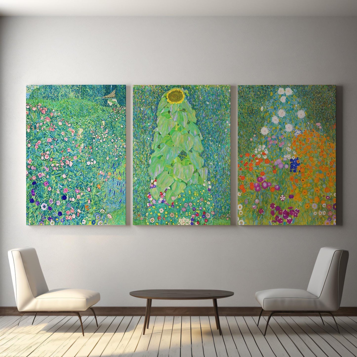 Klimt Set of 3 canvas wall art prints - Garden Collection. Set of 3 Floral Prints, Vibrant Botanical Wall Art for Living Room or Modern Home