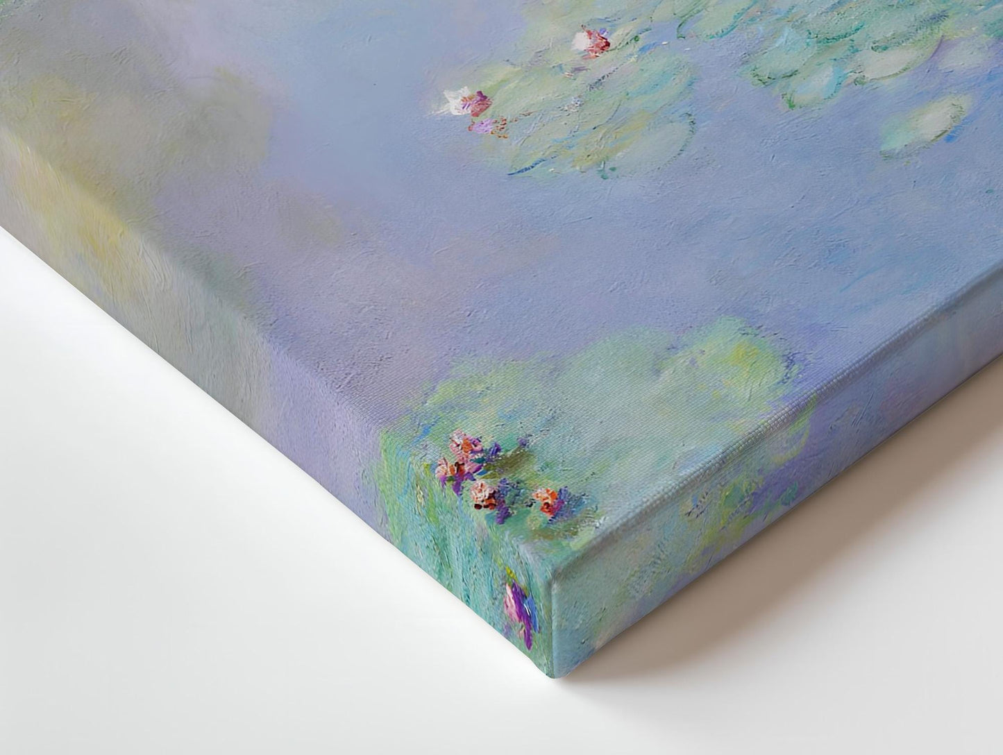 The image is a close-up of a canvas print featuring a painting of water lilies.
