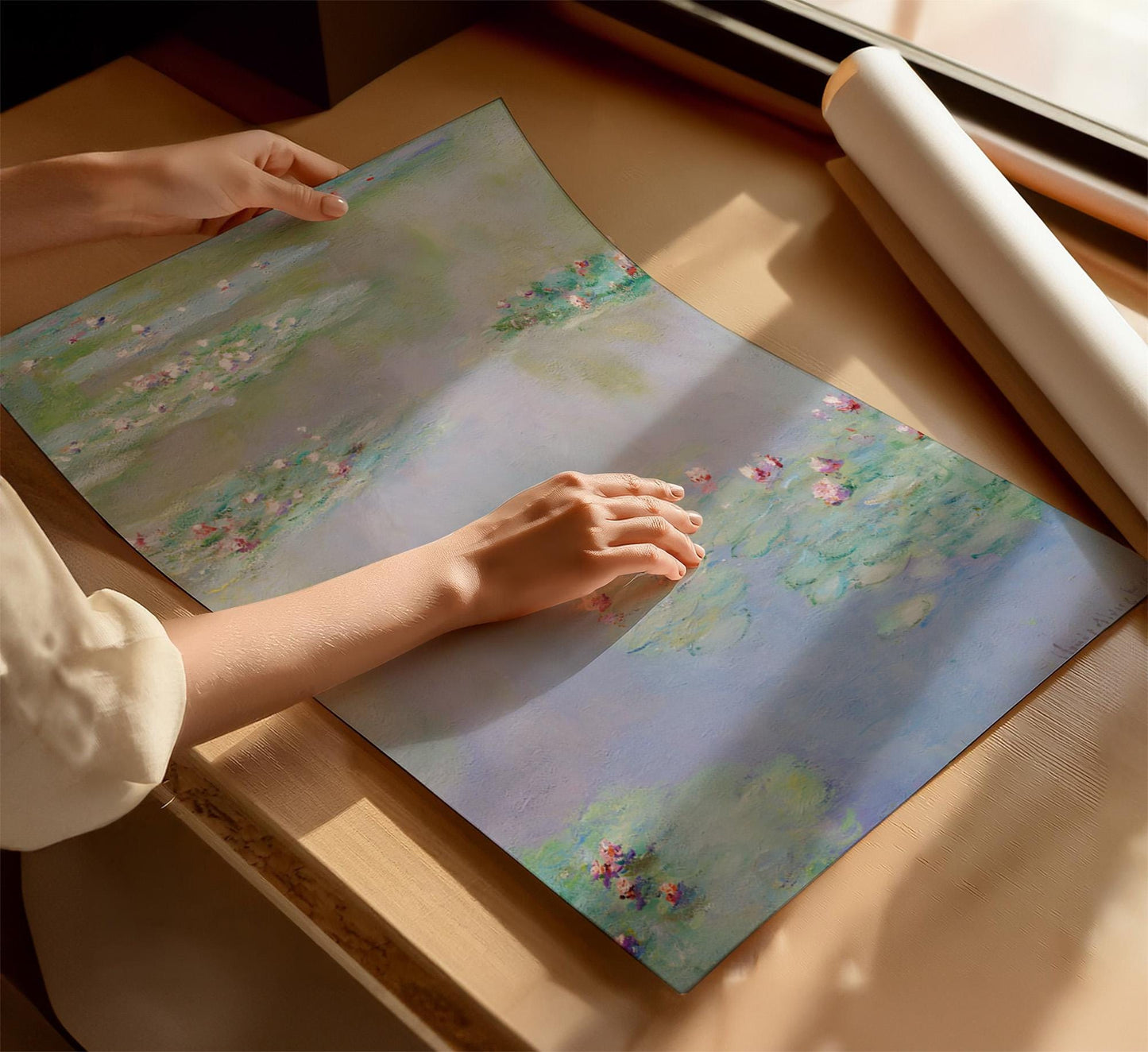 A person's hands are holding a piece of paper with a painting of water lilies on it, placed on a wooden surface.