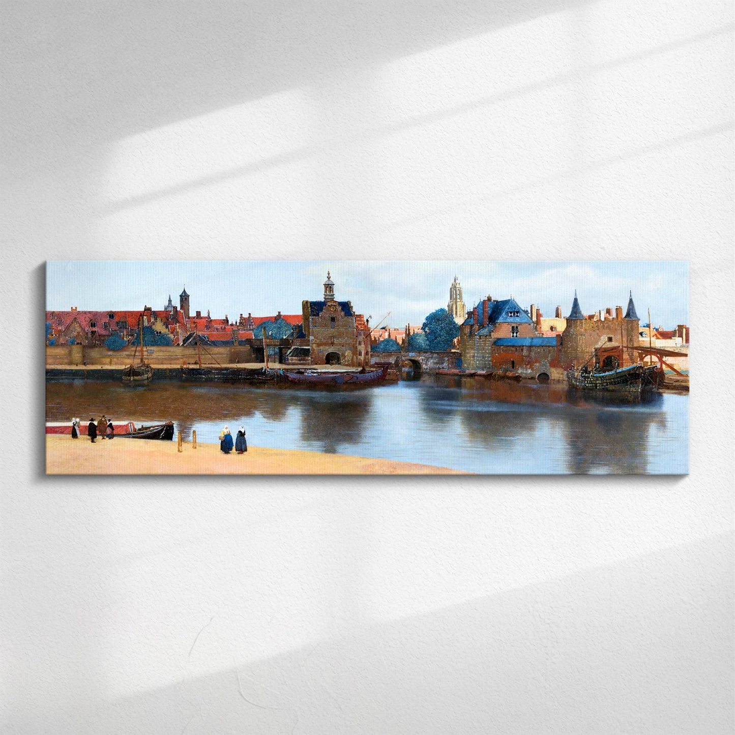 Panoramic canvas wall art, Johannes Vermeer's View of Delft, 17th century city scape with boats and Dutch people