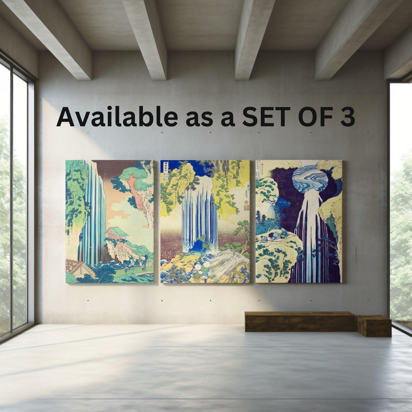 Japanese waterfalls canvases set of 3 for Japandi minimalist home decor. Famous artist painting by Hokusai for contemporary rooms. Canvas wall hangings suitable for nordic and scandi style as well as Japan oriental.