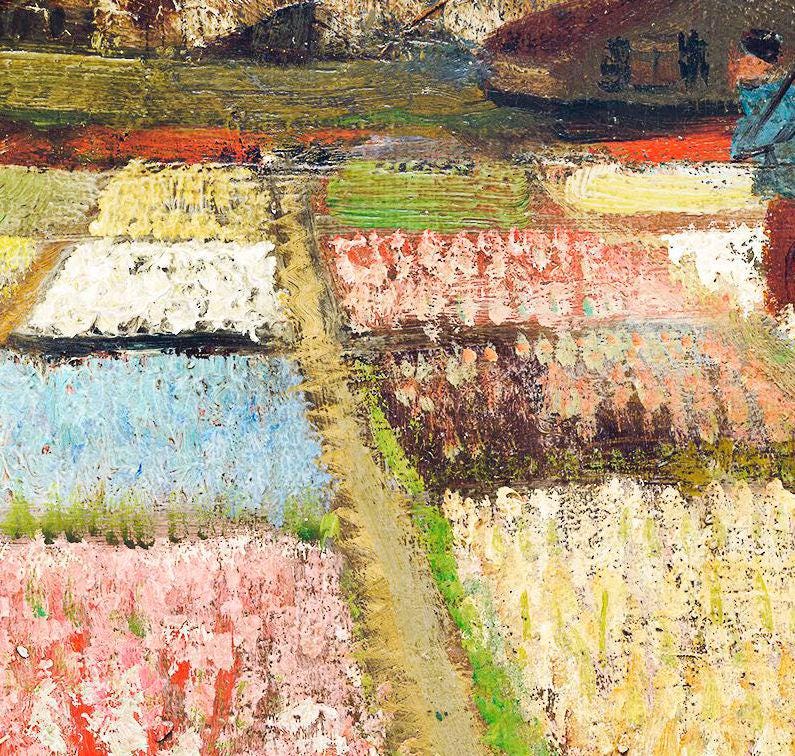 The image is a vibrant and colorful painting depicting a field with various shades of green, red, and yellow.