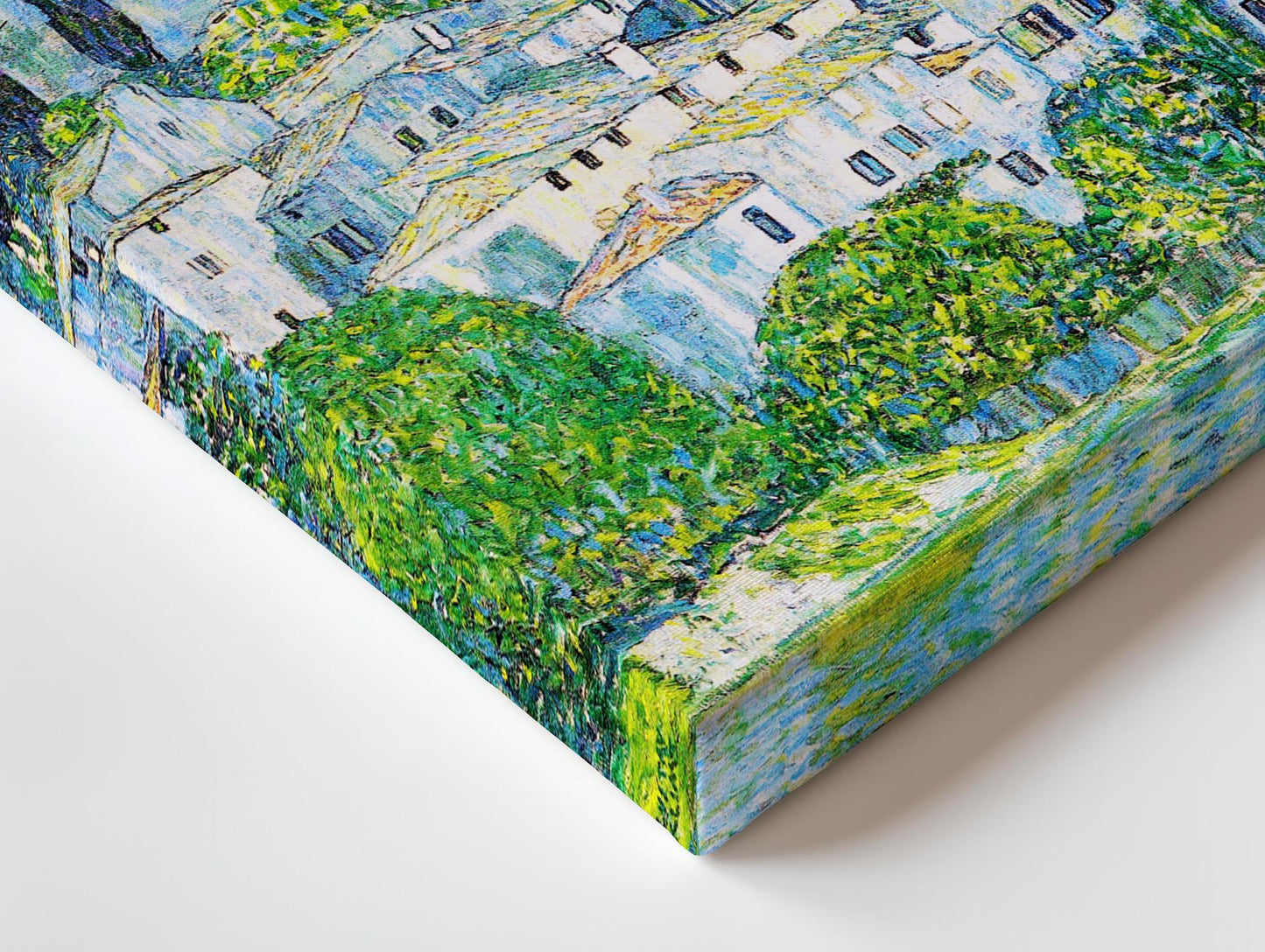 The image is a painting of a landscape featuring a group of buildings with green trees in the foreground.