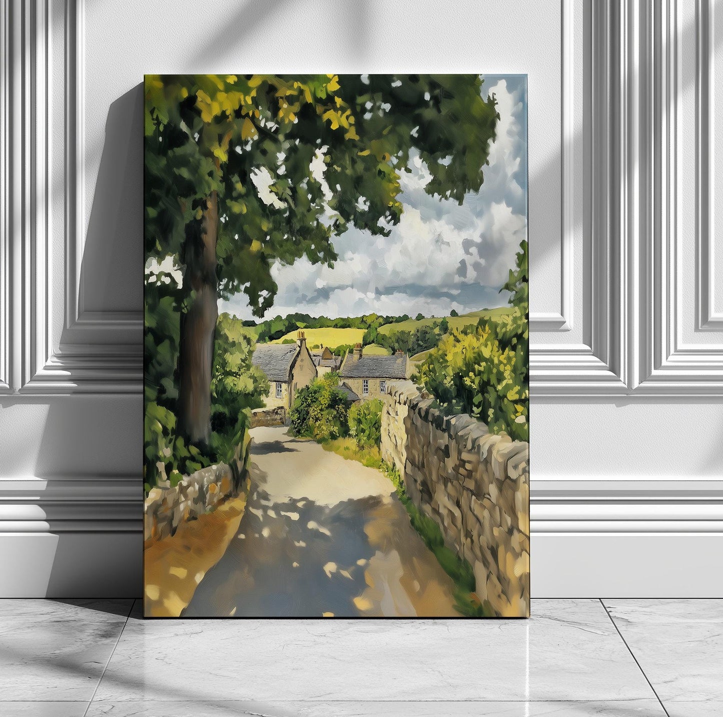 The image is a painting depicting a rural landscape with a winding dirt road leading through a lush, green countryside.