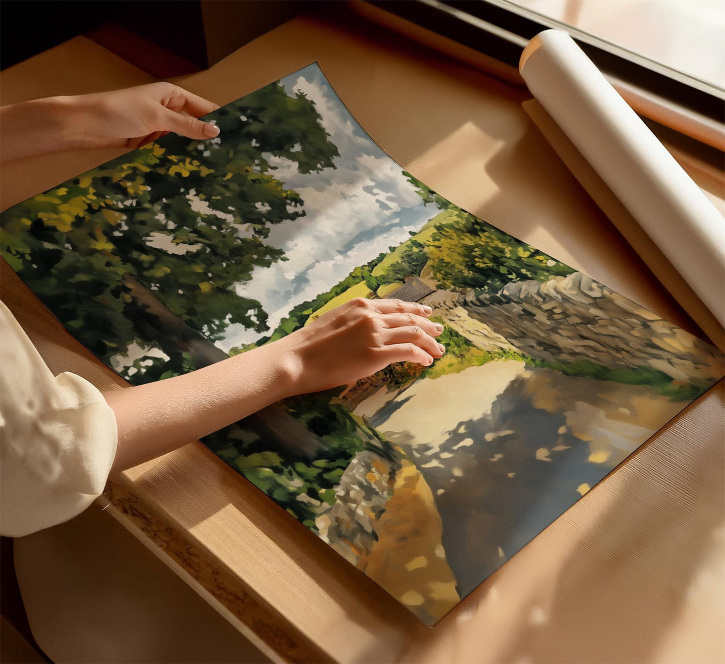 A person's hands are holding a printed artwork depicting a scenic landscape with trees and a winding path.