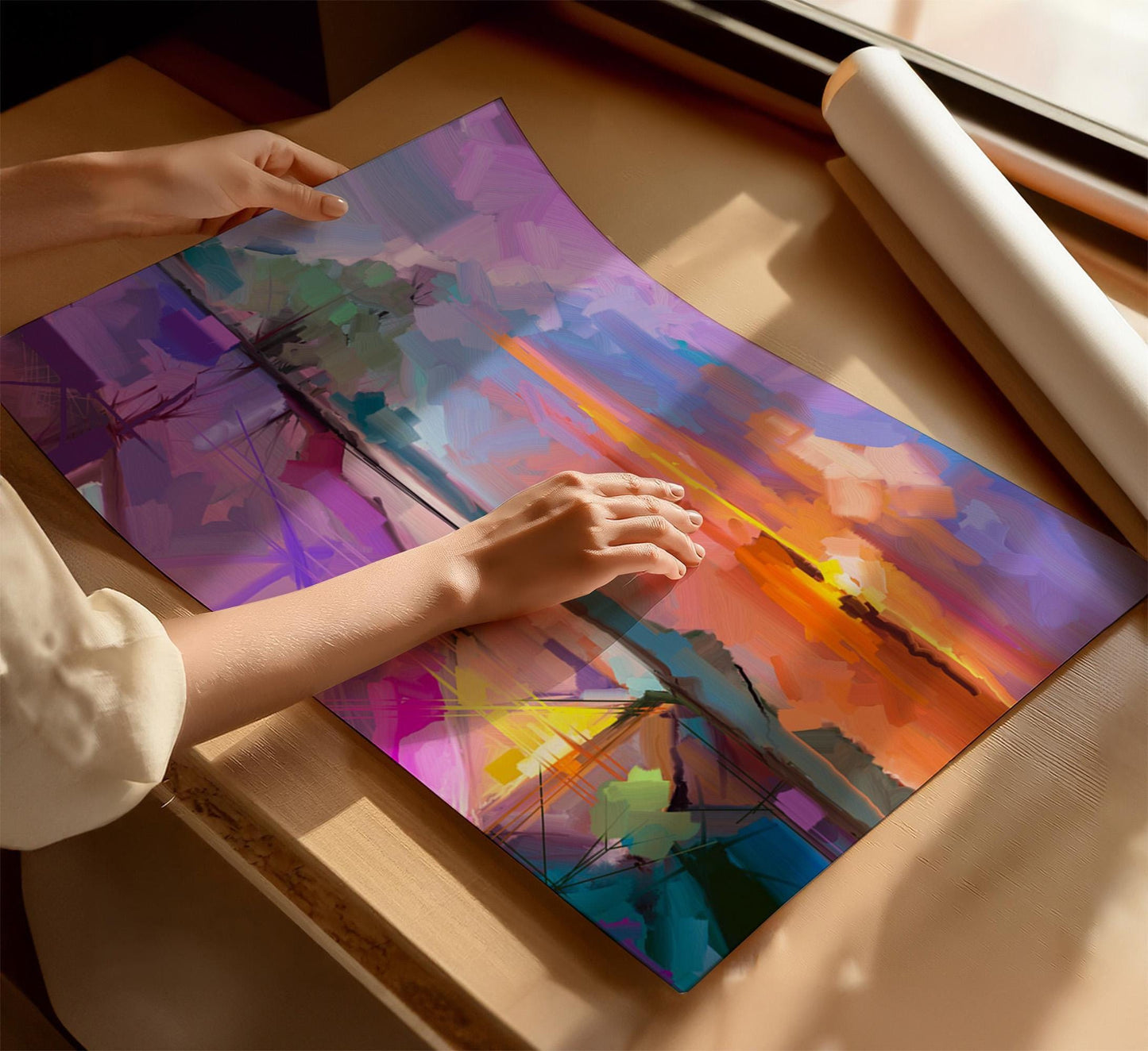 Colourful Abstract Canvas Wall Art or poster print. Vibrant colourful contemporary scenic painting printed. Large abstract picture.