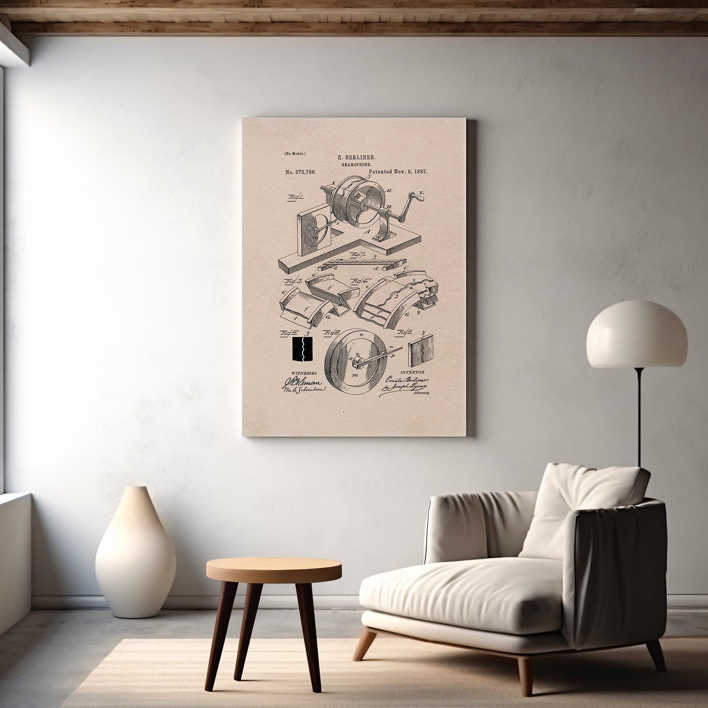 Gramophone patent application art print and canvas wall art for music lover. Quirky picture gift for DJ, Office Decor, record and vinyl art
