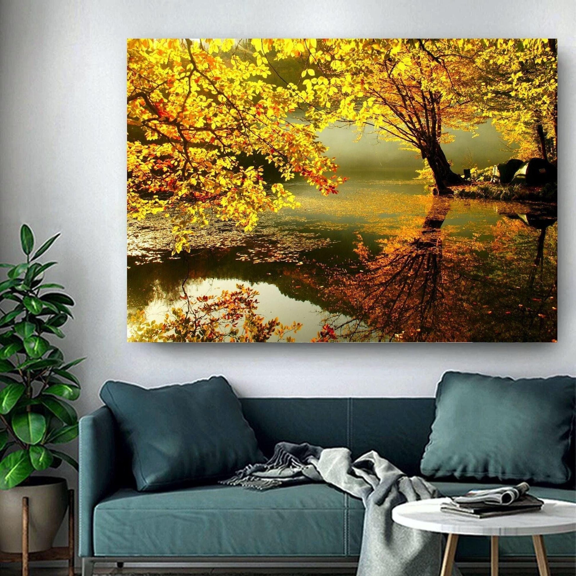 Beautiful tree landscape canvas or poster print art over water pond photograph with yellow and golden colours.