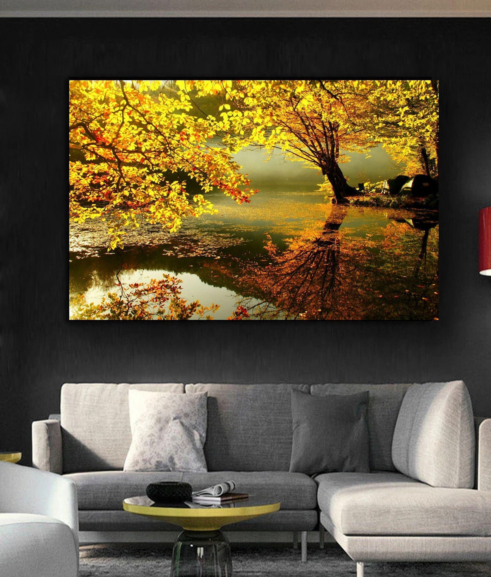 Beautiful tree landscape canvas or poster print art over water pond photograph with yellow and golden colours.