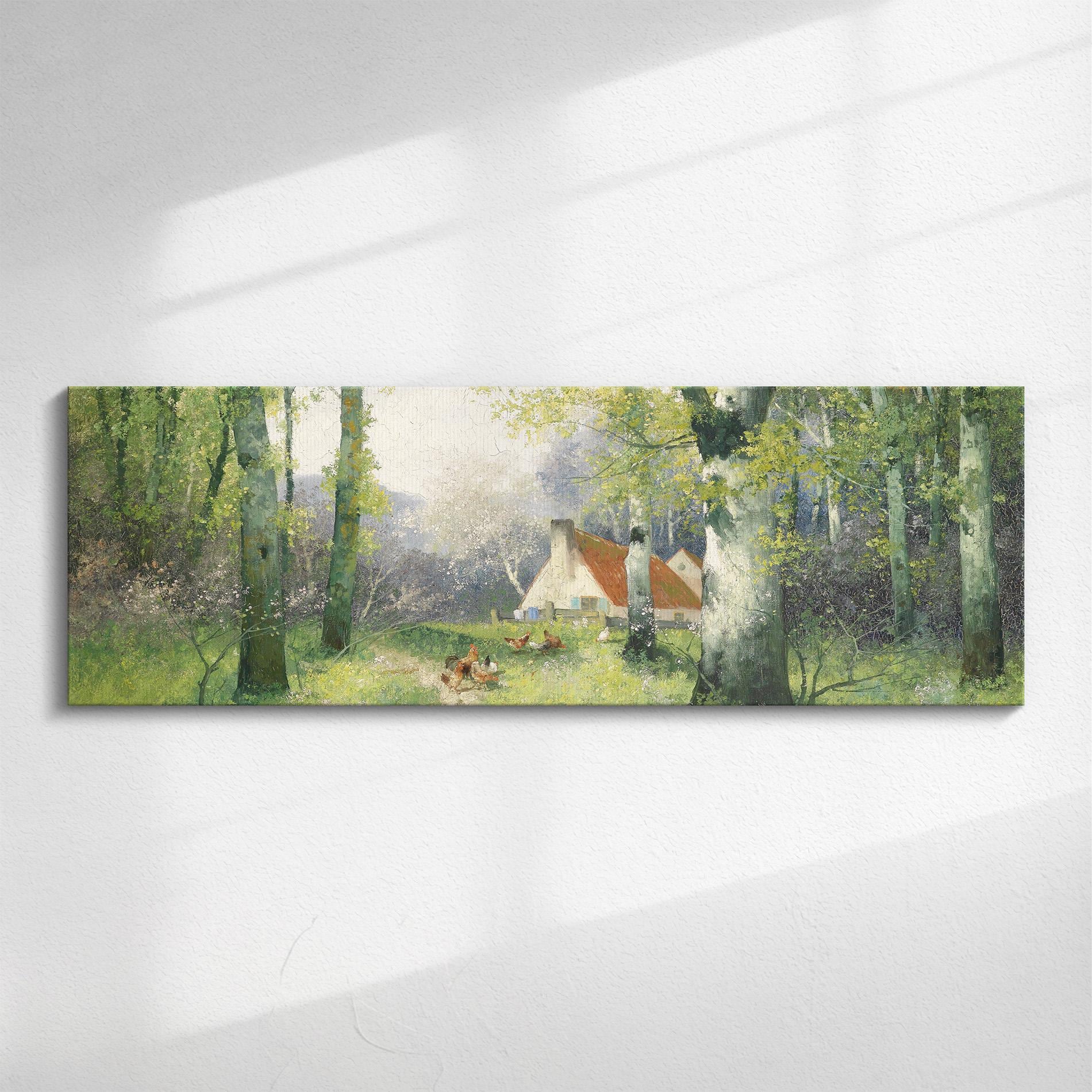 a painting of a house in the woods