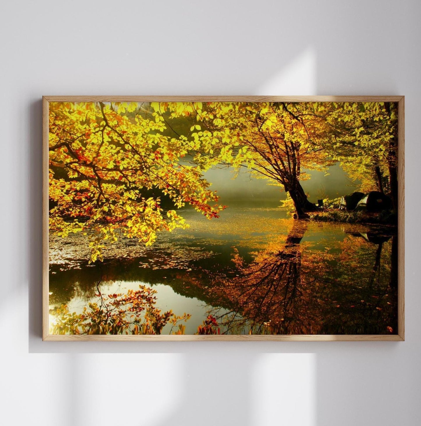 Beautiful tree landscape canvas or poster print art over water pond photograph with yellow and golden colours.