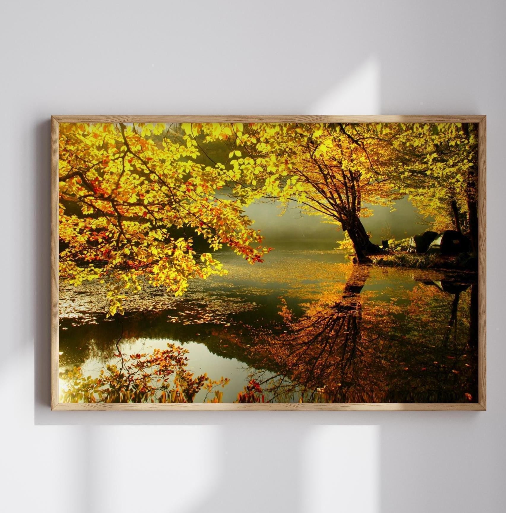 Beautiful tree landscape canvas or poster print art over water pond photograph with yellow and golden colours.