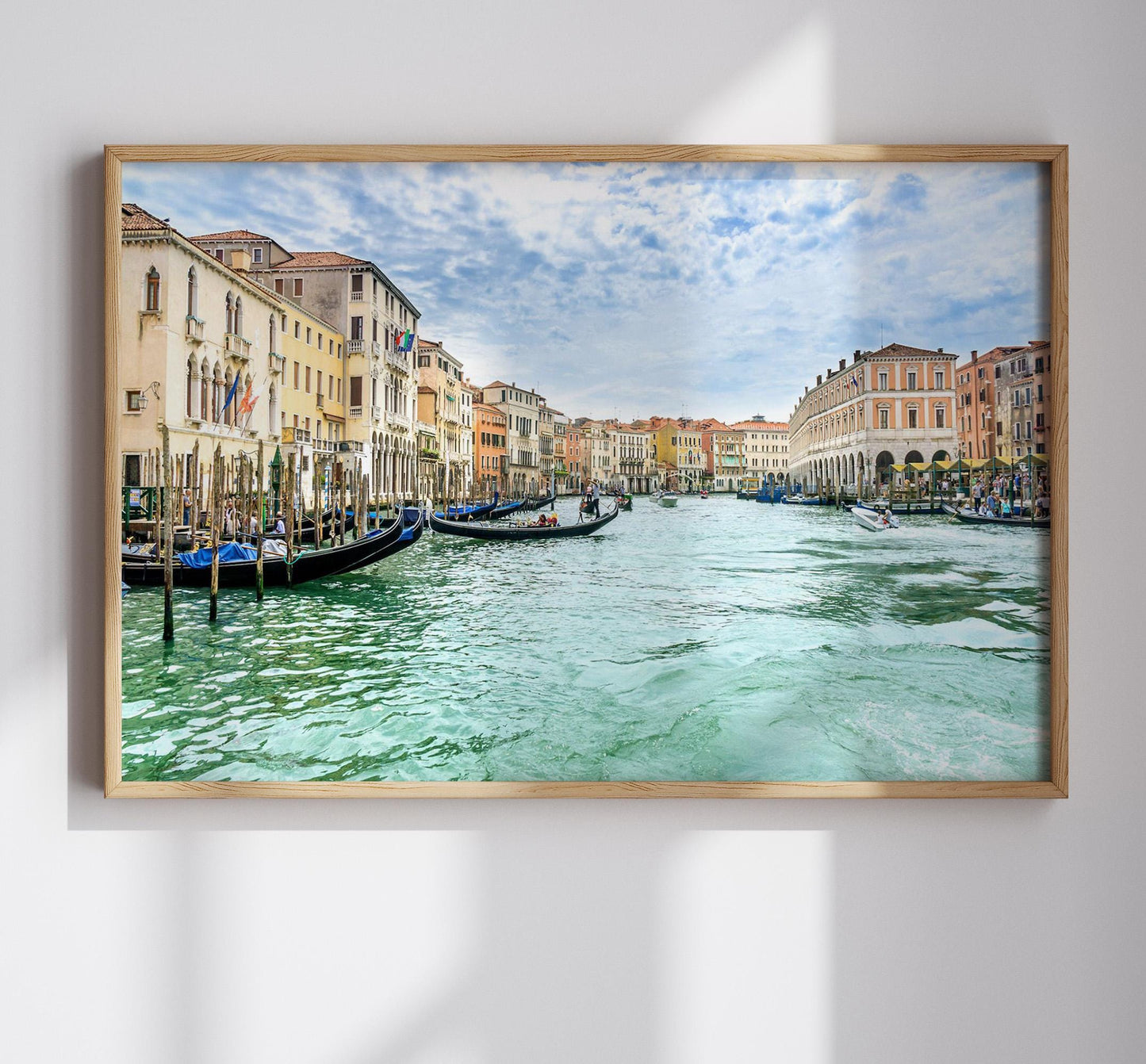 a picture of a canal in Venice, a canvas wall art or poster print for modern home decor. Elegant picture gift of Venice, Italy, featuring Venetian Gondolas, Punts