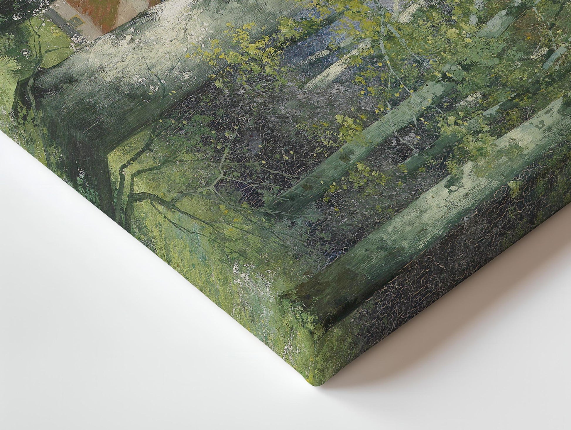 a painting of a green forest with trees