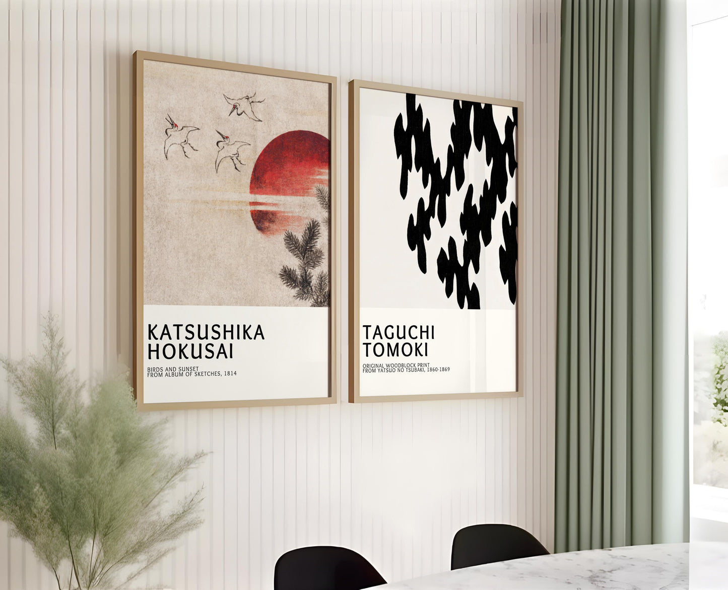A stunning set of 2 prints featuring famous Japanese woodblock artists Katsushika Hokusai and Taguchi Tomoki, perfect for Japandi interior design. These gallery posters showcase a delicate watercolour painting aesthetic with a minimalist style, ideal for those seeking wall decor that blends traditional and modern influences. The museum prints are available as a large print, making a striking statement in any space. This wall art set brings timeless beauty and elegance to contemporary interiors.