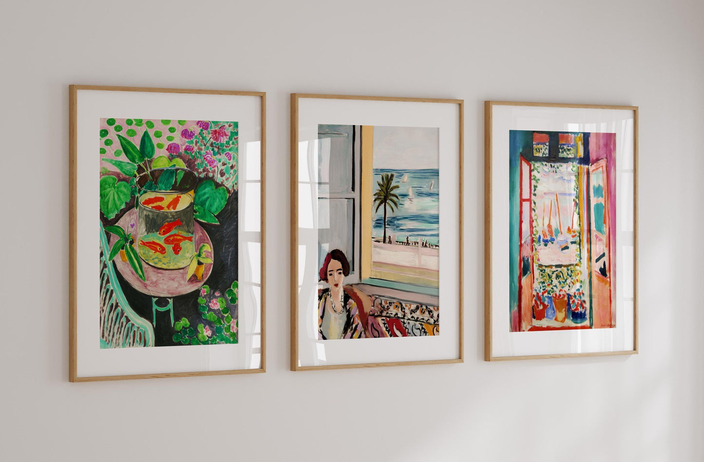 Matisse set of 3 triptych wall art featuring ‘Goldfish,’ ‘Femme Assise,’ and ‘Open Window.’ Vibrant Fauvist prints with bold colours and expressive brushstrokes, perfect for modern interiors. Artistic canvas set inspired by Henri Matisse’s masterpieces, ideal for home décor, gallery walls, and art lovers. Stylish fine art prints celebrating iconic 20th-century painting, bringing creativity and colour to any space.