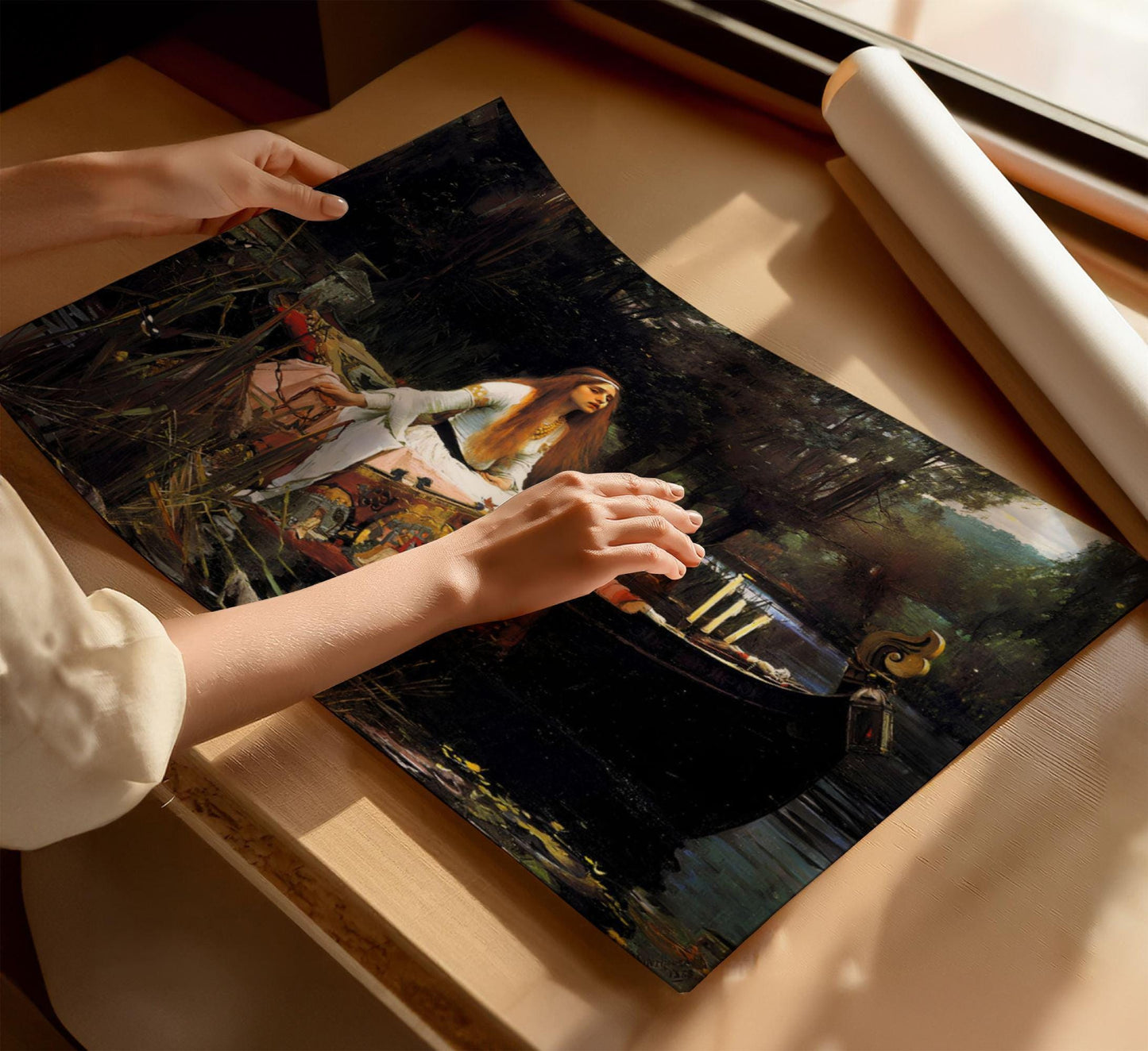 Lady of Shallott canvas or poster print for home decor by John William Waterhouse. Famous artist painting dark gothic cottagecore. Tragic heroine Victorian picture from Arthurian legend.