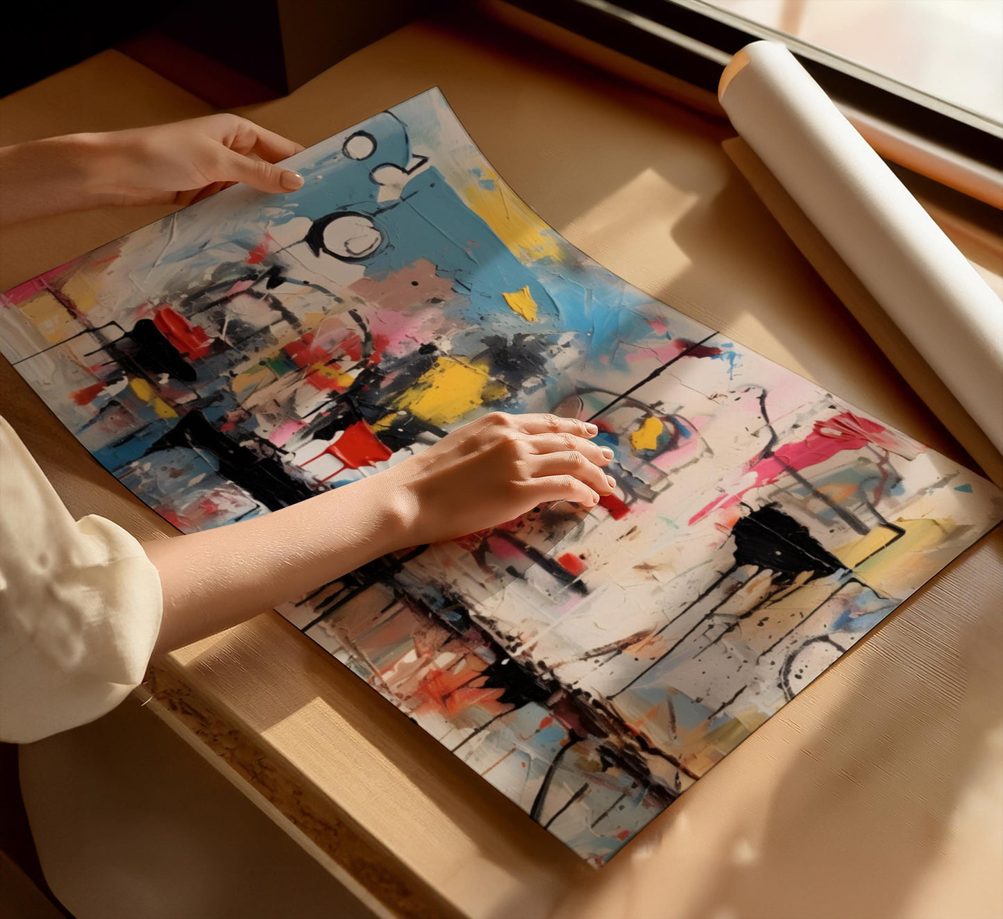 Abstract canvas wall art in Basquiat-inspired style, featuring bold splashes of colour with vibrant blues, reds, yellows, and blacks. Ideal for modern home decoration, minimalist spaces, and contemporary gallery-style interiors.