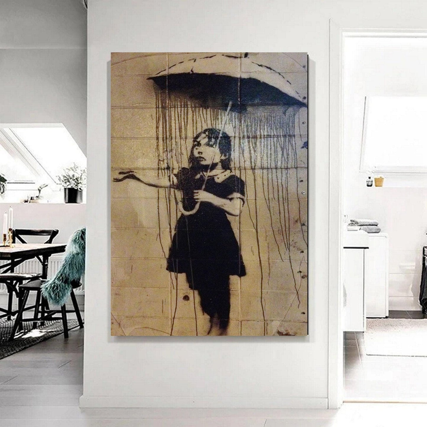 Banksy Girl with Umbrella in Black Rain