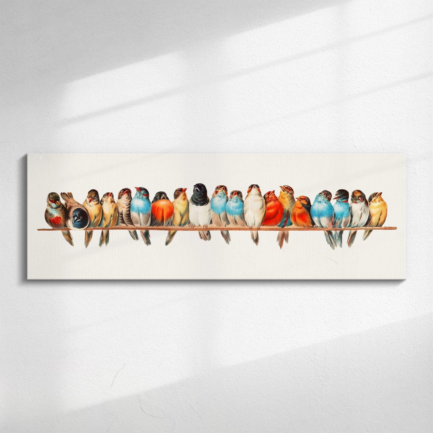 A row of vintage painted birds displayed on panoramic wall art for uk modern homes