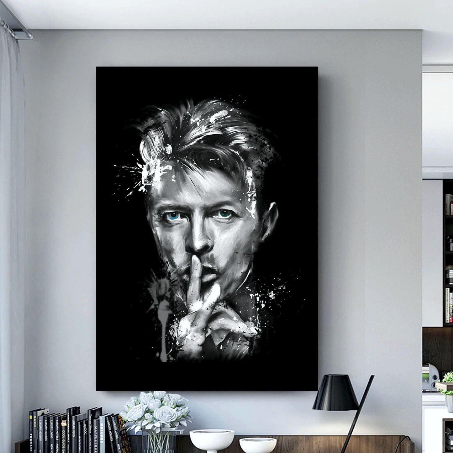 David Bowie Printed Canvas Wall Art or Poster Print for contemporary homes. Famous celebrity artwork. Grafitti style printed wall art.