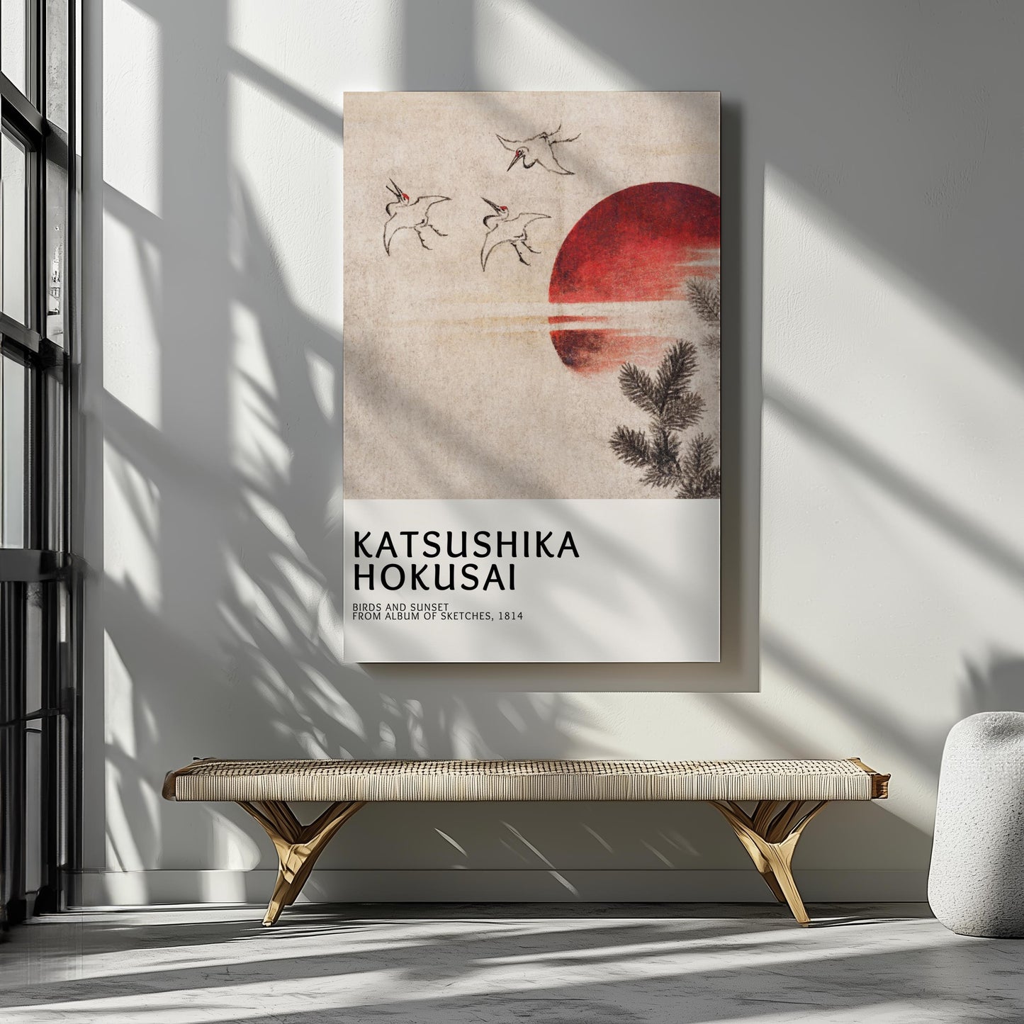 Elegant Japanese woodblock print featuring Birds and Sunset in a neutral style. A classic artwork by famous artist Katsushika Hokusai, this artwork is perfect for neutral wall decor and Japandi interior aesthetics. A timeless piece ideal for home decoration or as part of a gallery posters collection.