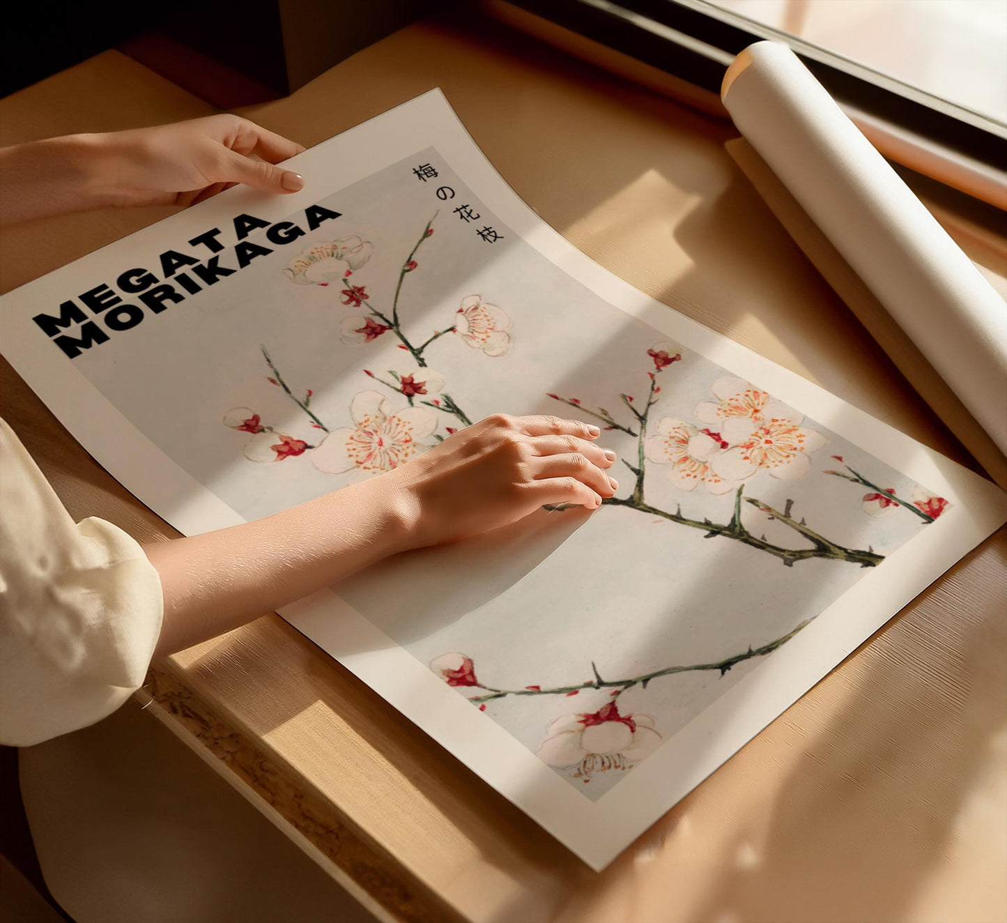 Elegant Japanese woodblock print by Morikaga, featuring delicate plumb blossoms in a neutral style. Inspired by famous artists like Katsushika Hokusai, this artwork is perfect for spring neutral wall decor and Japandi interior aesthetics. A timeless piece ideal for home decoration or as part of a gallery posters collection.