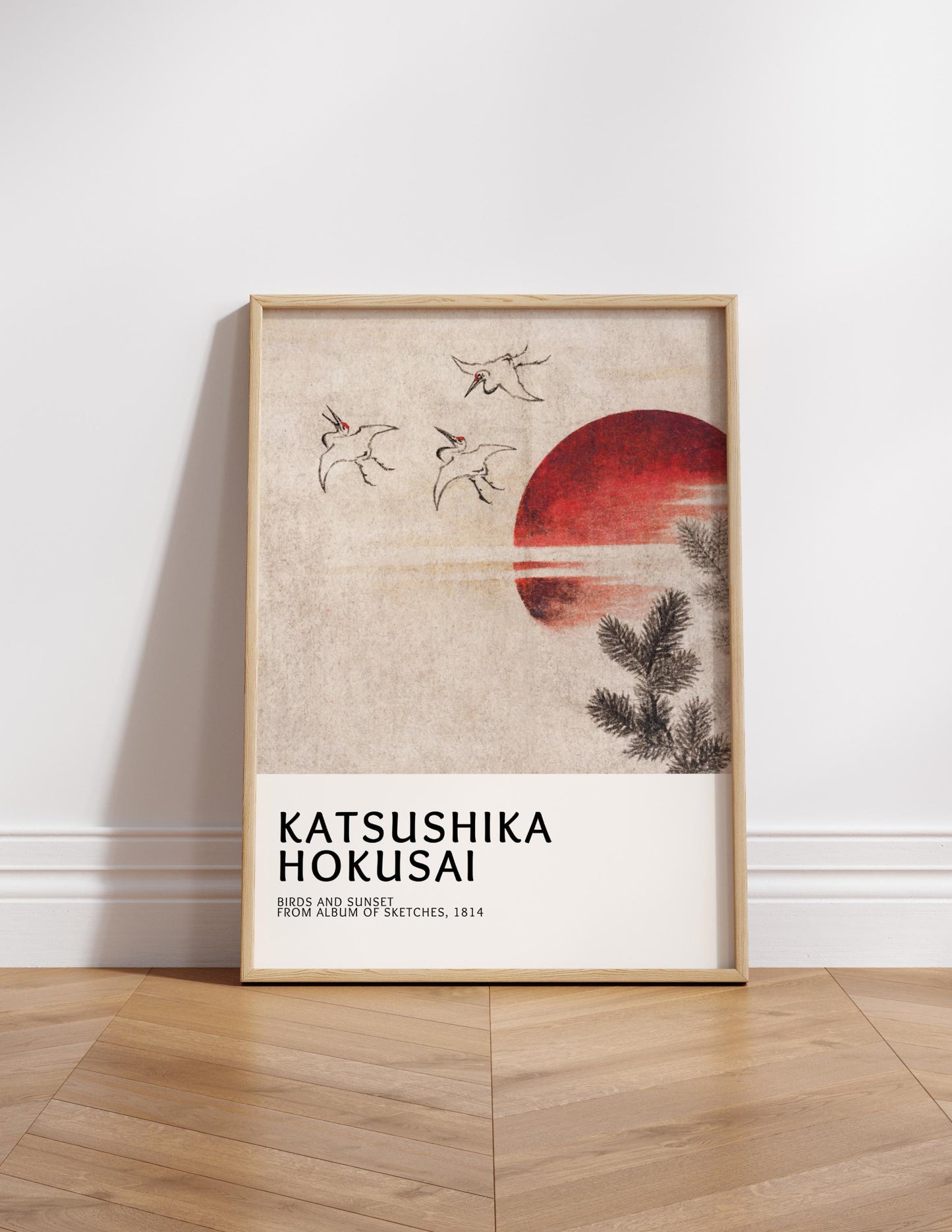 Elegant Japanese woodblock print featuring Birds and Sunset in a neutral style. A classic artwork by famous artist Katsushika Hokusai, this artwork is perfect for neutral wall decor and Japandi interior aesthetics. A timeless piece ideal for home decoration or as part of a gallery posters collection.
