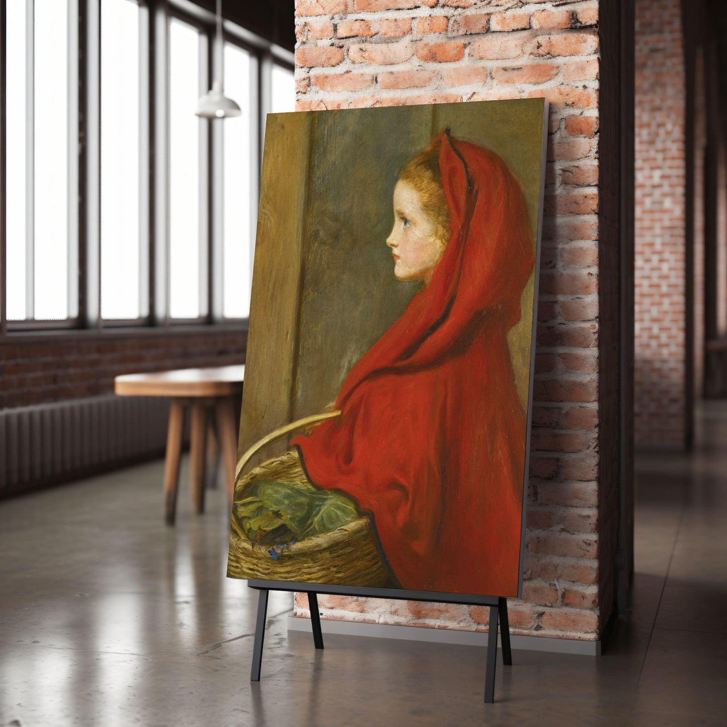 Canvas wall art and poster of Millais Little Red Riding Hood oil painting by famous artist. The picture is appreciated by fine art lovers all over the world and bought as stretched canvases and poster prints.