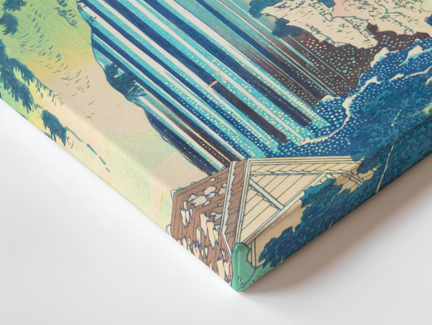Close up of Japanese waterfalls canvases for Japandi minimalist home decor. Famous artist painting by Hokusai for contemporary rooms. Canvas wall hangings suitable for nordic and scandi style as well as Japan oriental.