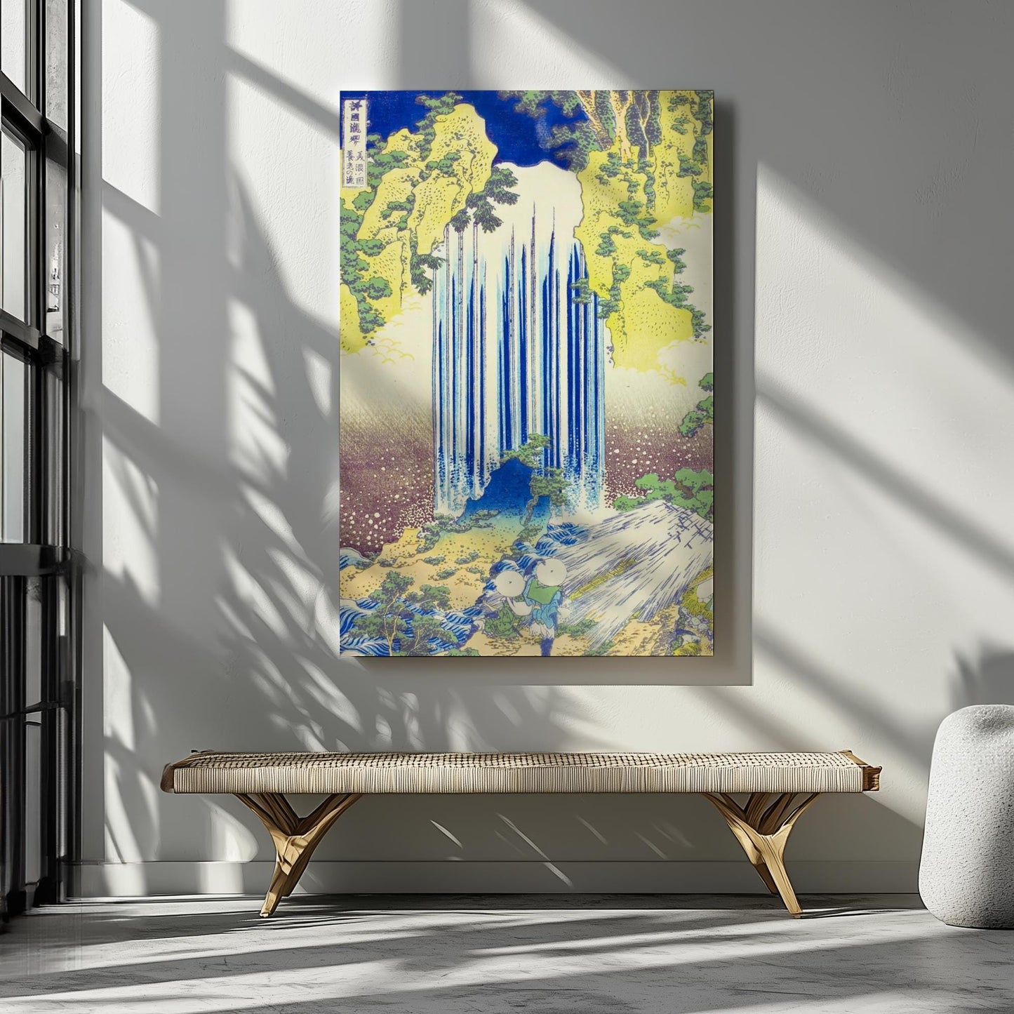 Japanese waterfalls SET of 3 canvases for Japandi minimalist home decor. Famous artist painting by Hokusai for contemporary rooms. Canvas wall hangings suitable for nordic and scandi style as well as Japan oriental.
