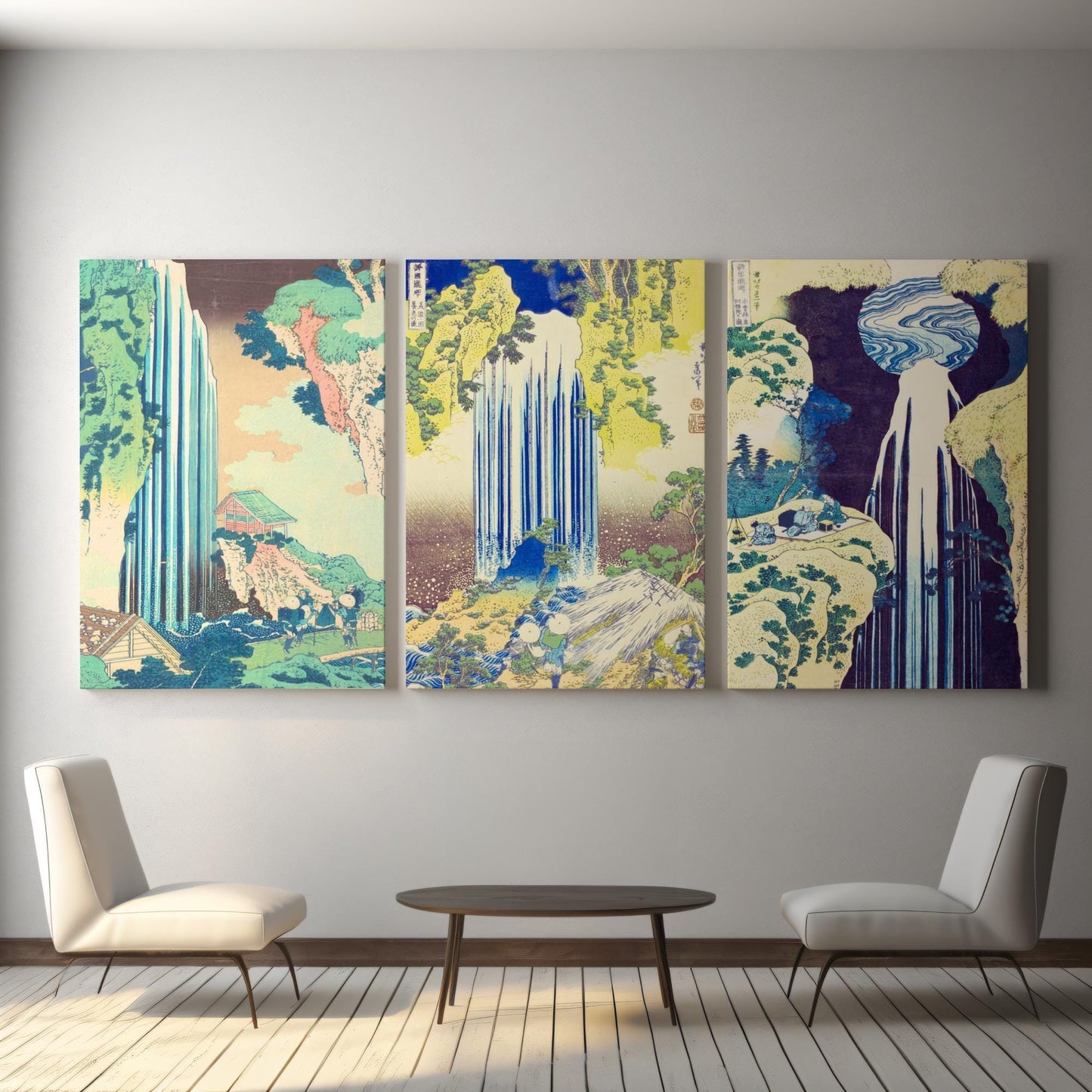 Japanese waterfalls SET of 3 canvases for Japandi minimalist home decor. Famous artist painting by Hokusai for contemporary rooms. Canvas wall hangings suitable for nordic and scandi style as well as Japan oriental.