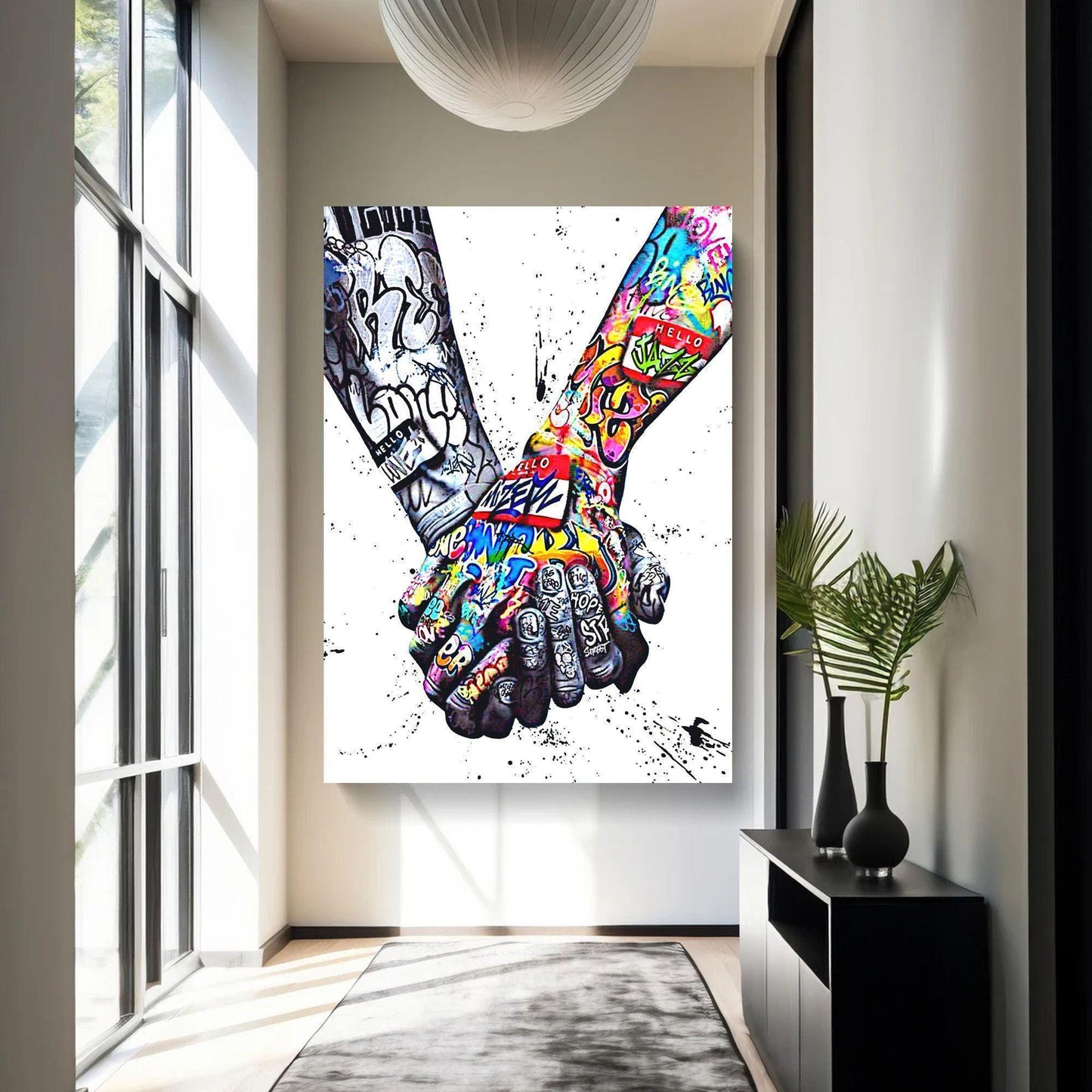Set of 2 Graffiti Street Art Wall Decor Banksy - World Unity and Heart Gesture Holding Hands Framed Canvas Print Diversity themed Pictures. Bright, vibrant colours on images which represent tolerance and peace. Perfect gift for lovers, couples