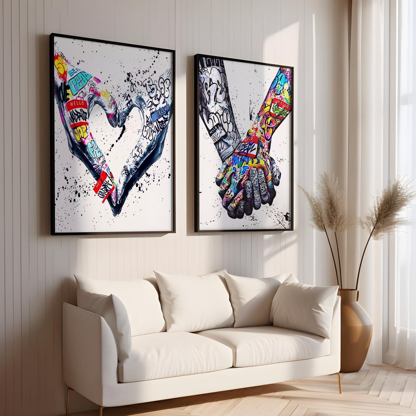 Set of 2 Graffiti Street Art Wall Decor Banksy - World Unity and Heart Gesture Holding Hands Framed Canvas Print Diversity themed Pictures. Bright, vibrant colours on images which represent tolerance and peace. Perfect gift for lovers, couples