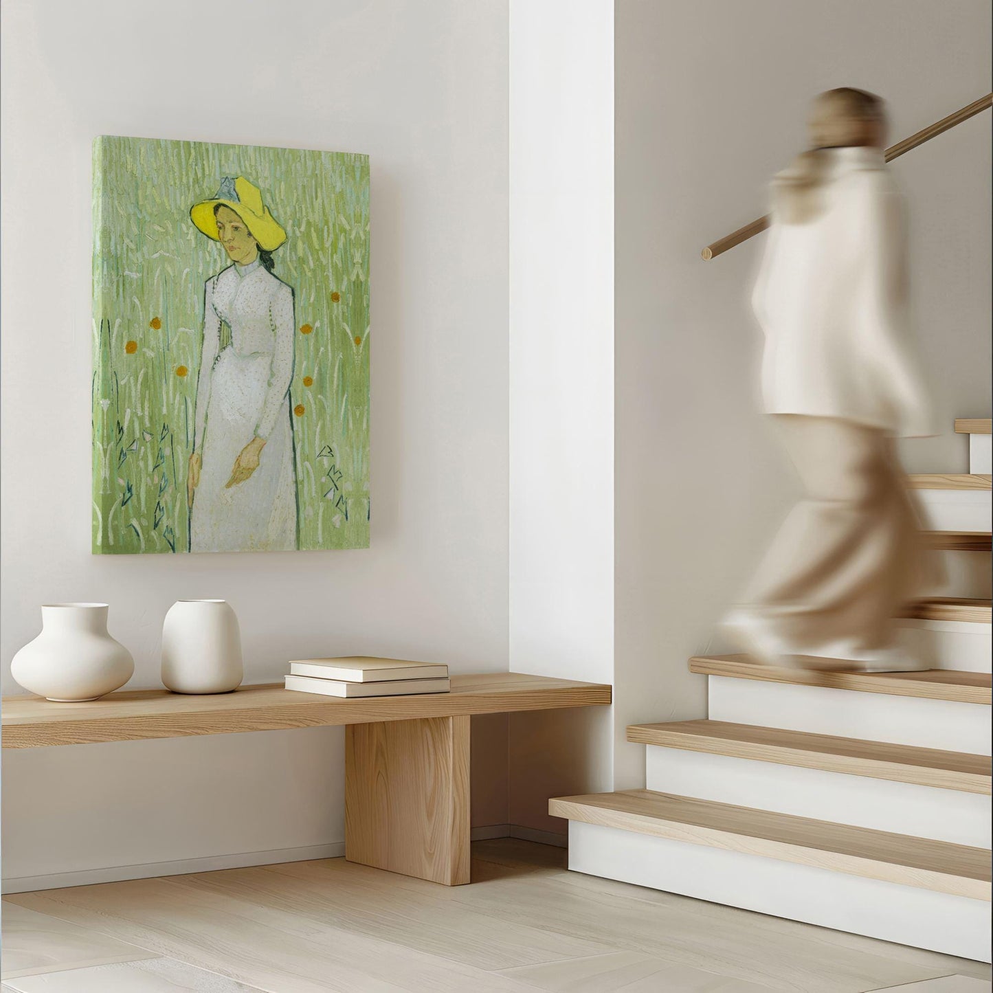 Girl in white by van Gogh canvas art printed on wall in new home