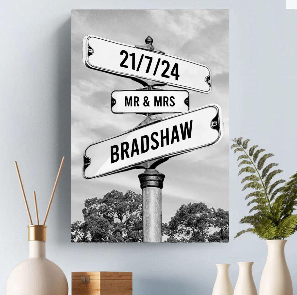 Mr and Mrs custom made street sign with sign posts, your names and date. Printed and framed canvas or paper print