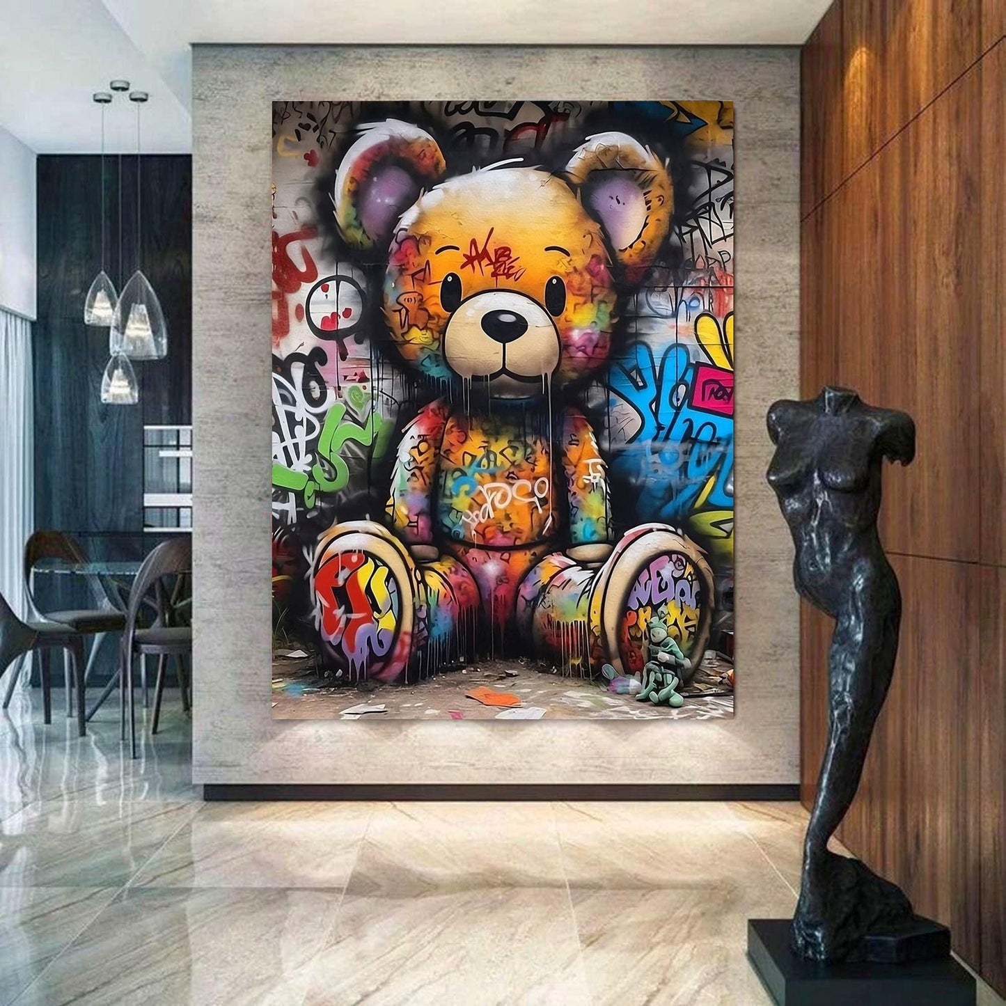 Teddy Bear Graffiti Street art Wall art printed canvas, poster print. Colourful for home decor. kids , nursery