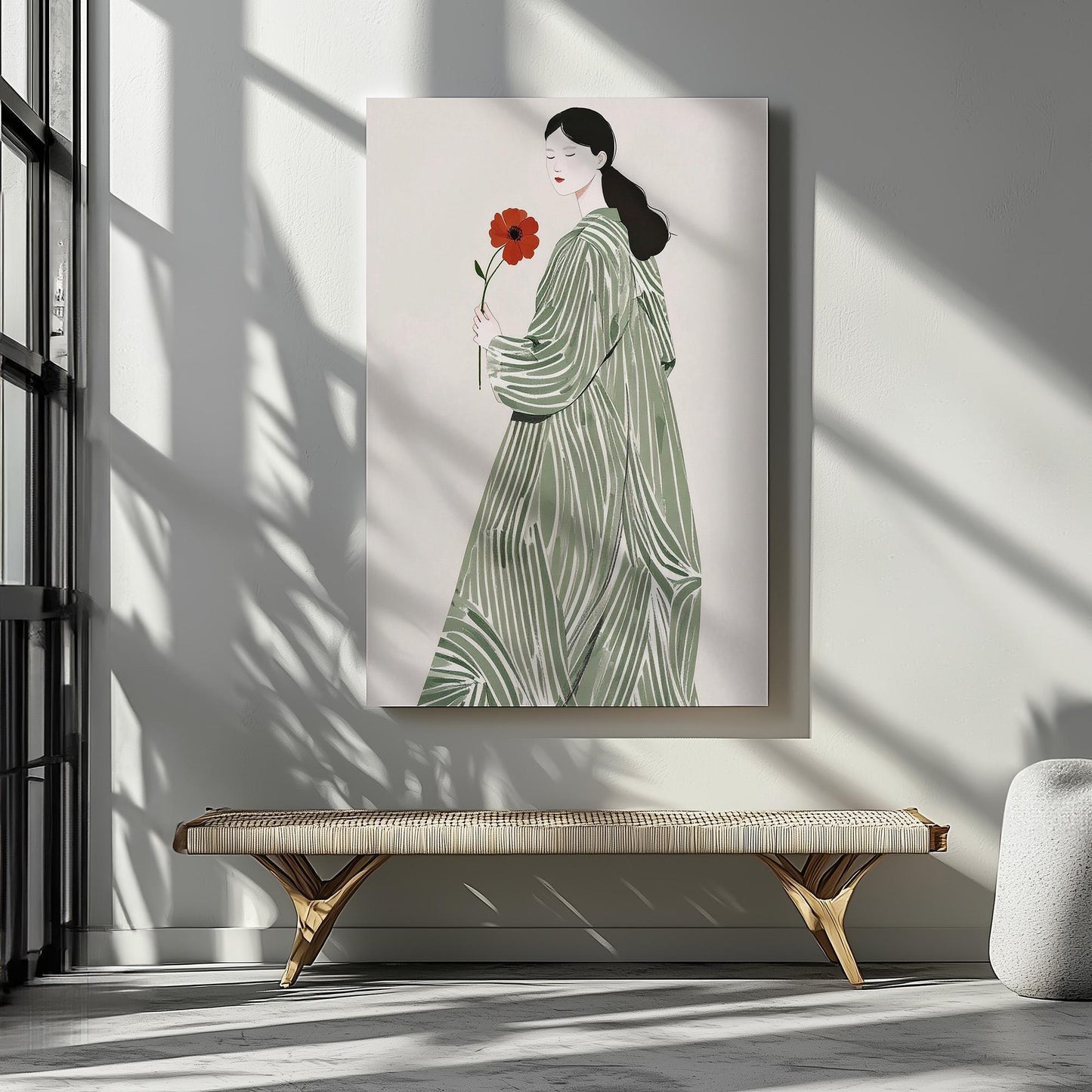 La Poire Sage Green Scandi canvas wall art or art print for home decor. Folk art, Scandi artist, woman with sage green stripy dress and red flower.